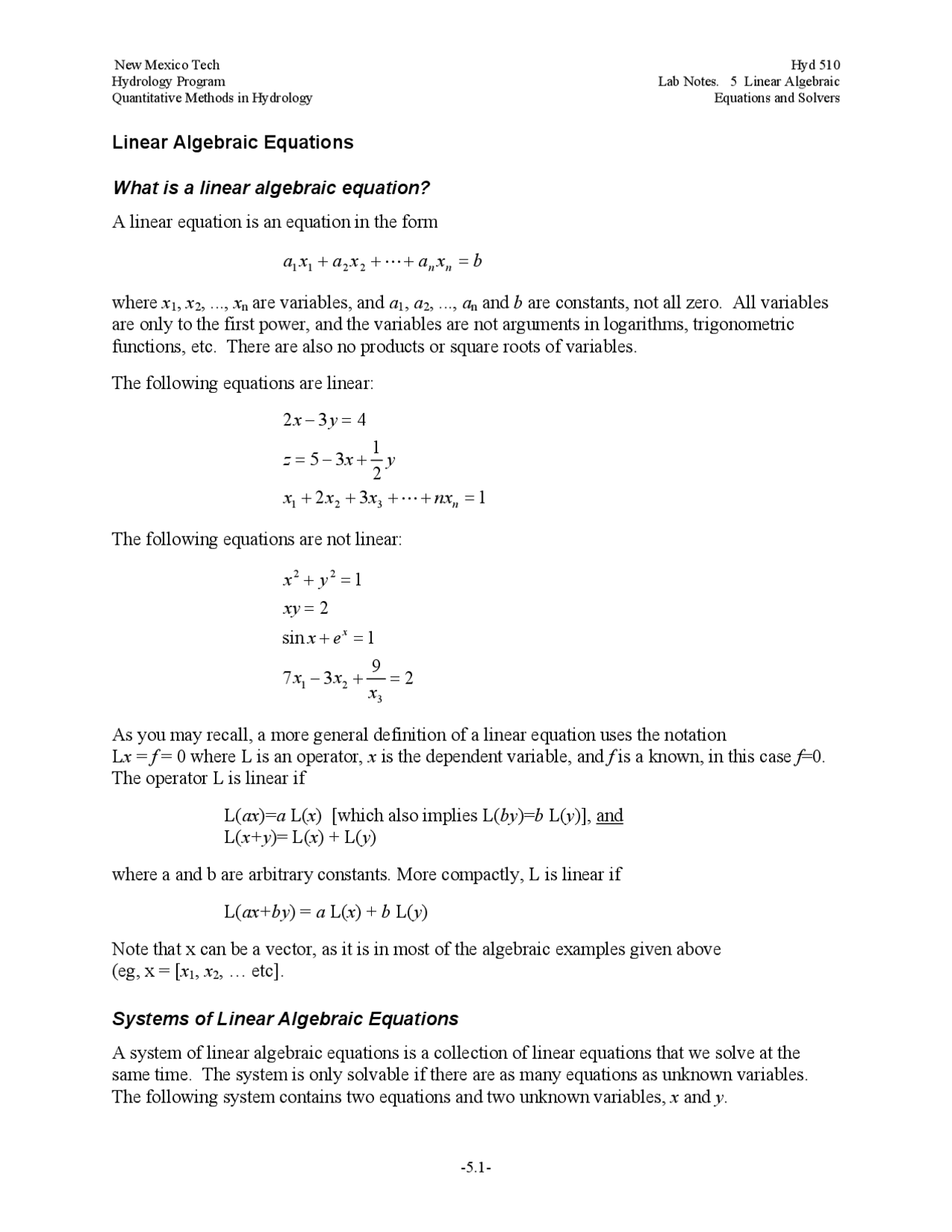 Linear Algebraic Equation And Solvers Quantitative Methods In Hydrology Hyd 510 Docsity