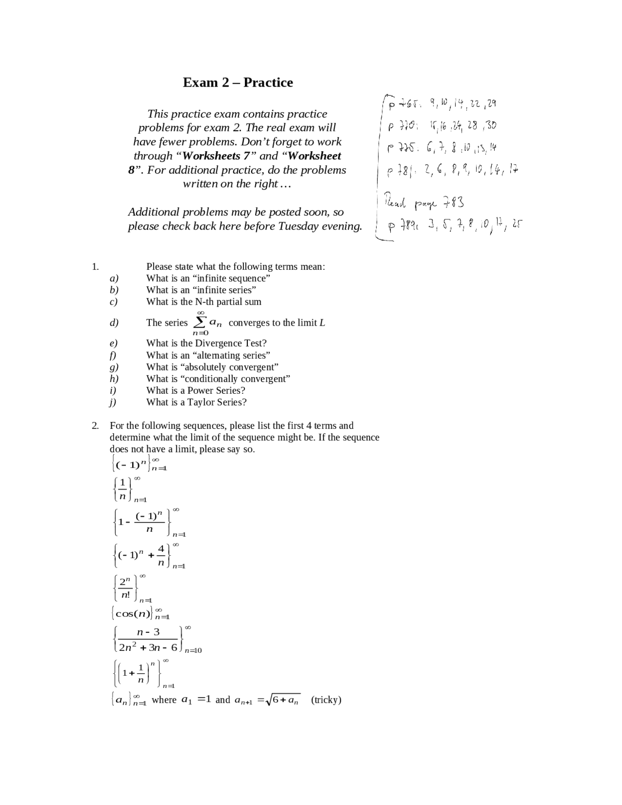 Exam 2 - Practice Unsolved Questions | MATH 1411 - Docsity