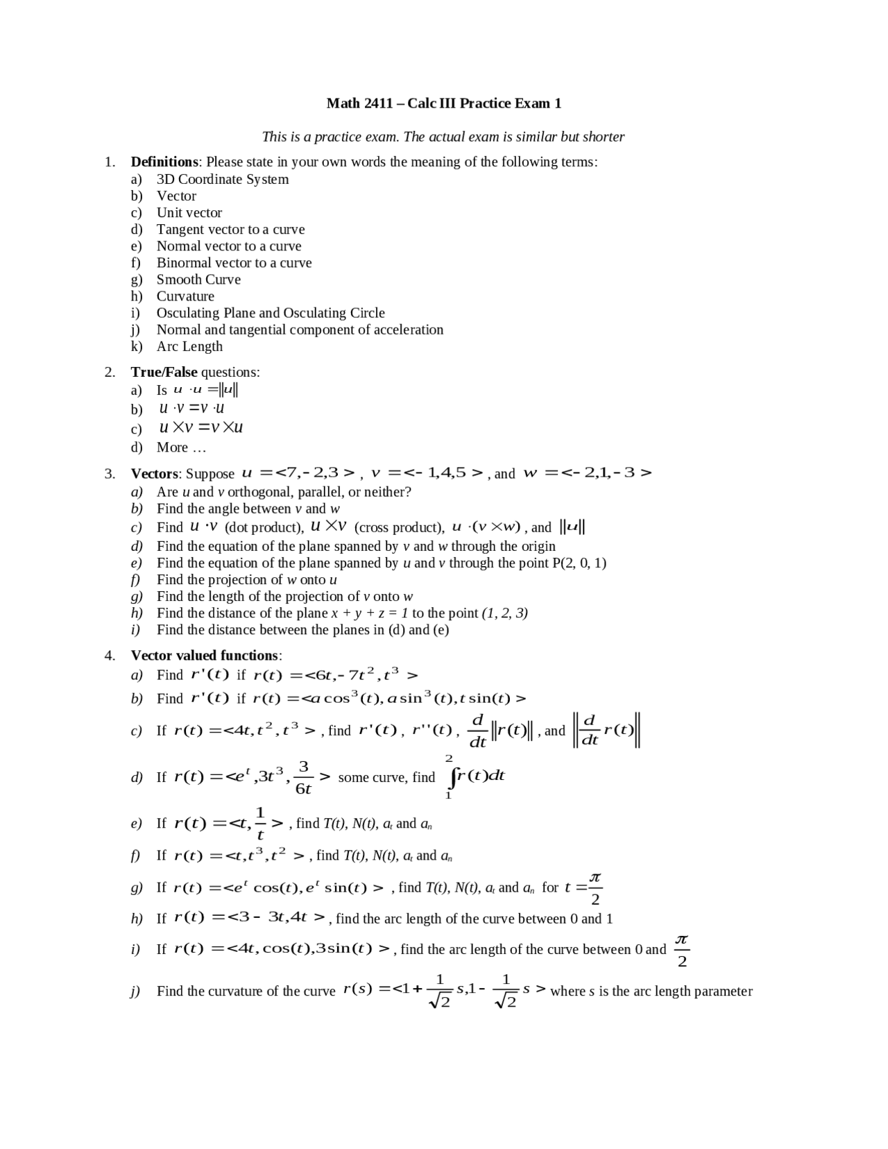 Calc III Practice Exam 1 - Math 2411 | Exams Advanced Calculus | Docsity