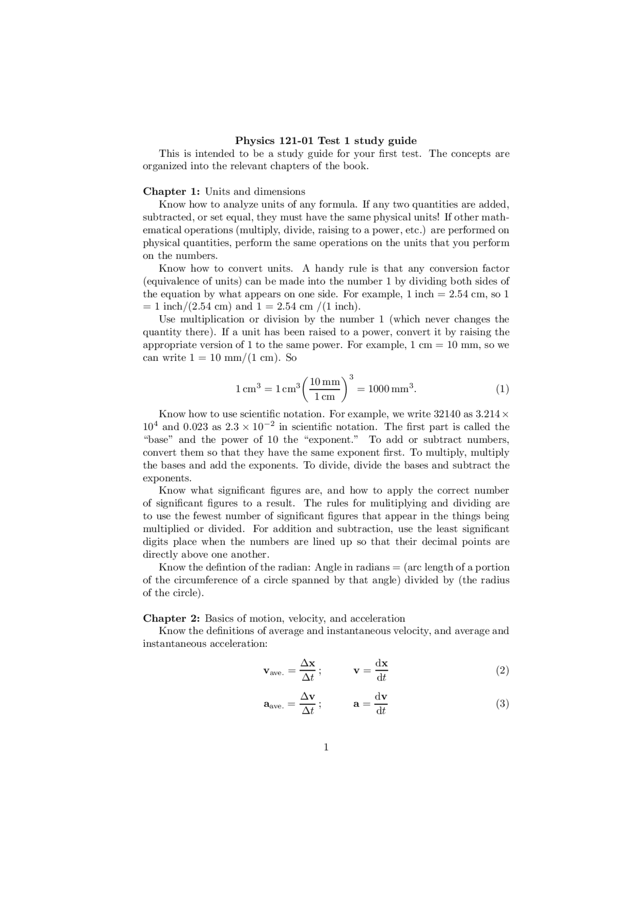 Study Guide Exam 1 - General Physics I | PHYS 121 | Exams Physics | Docsity