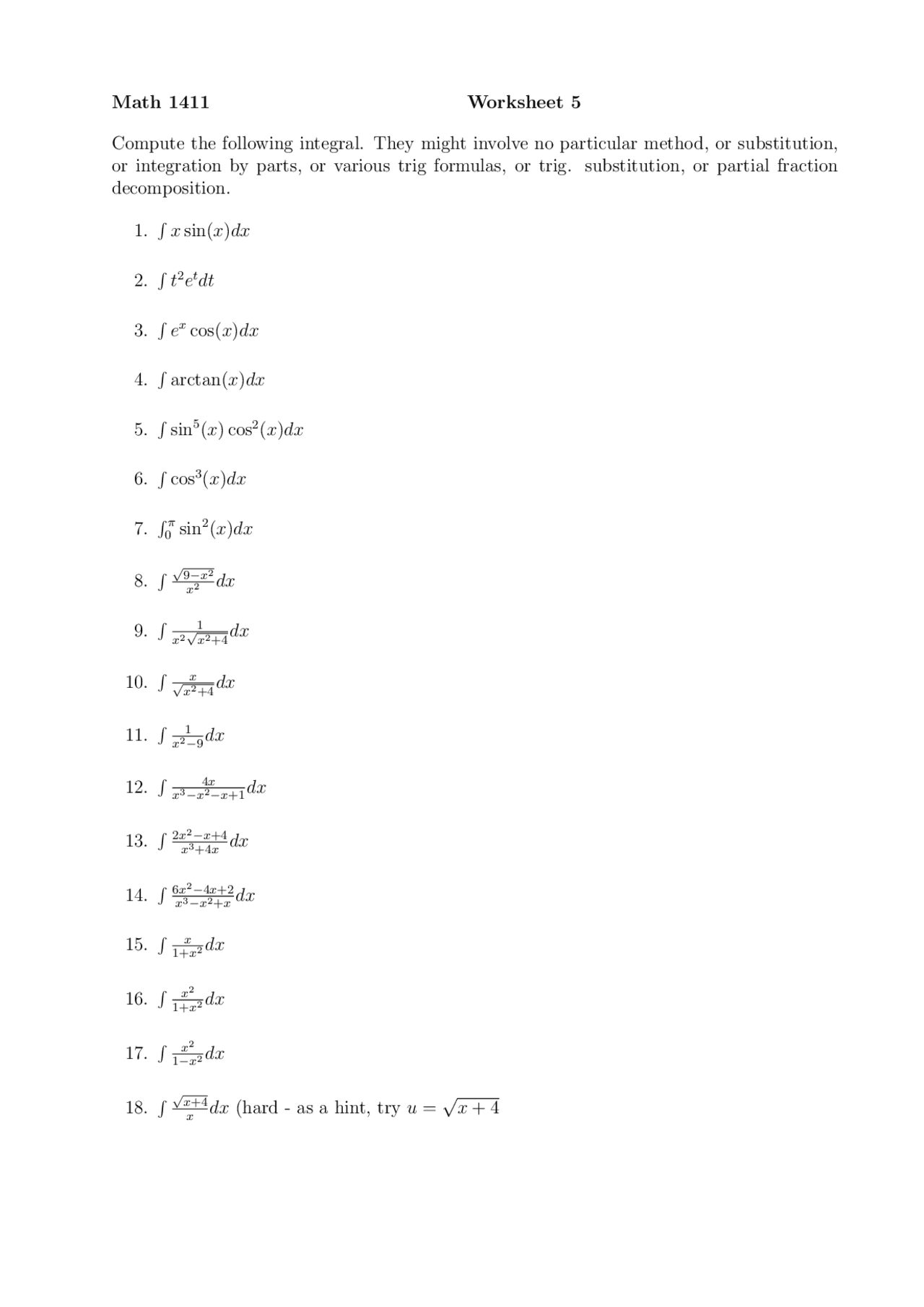 Calculus 2 Work Problem Example Sheet 18 Problems on Calculus II - Worksheet #5 | MATH 1411 - Docsity