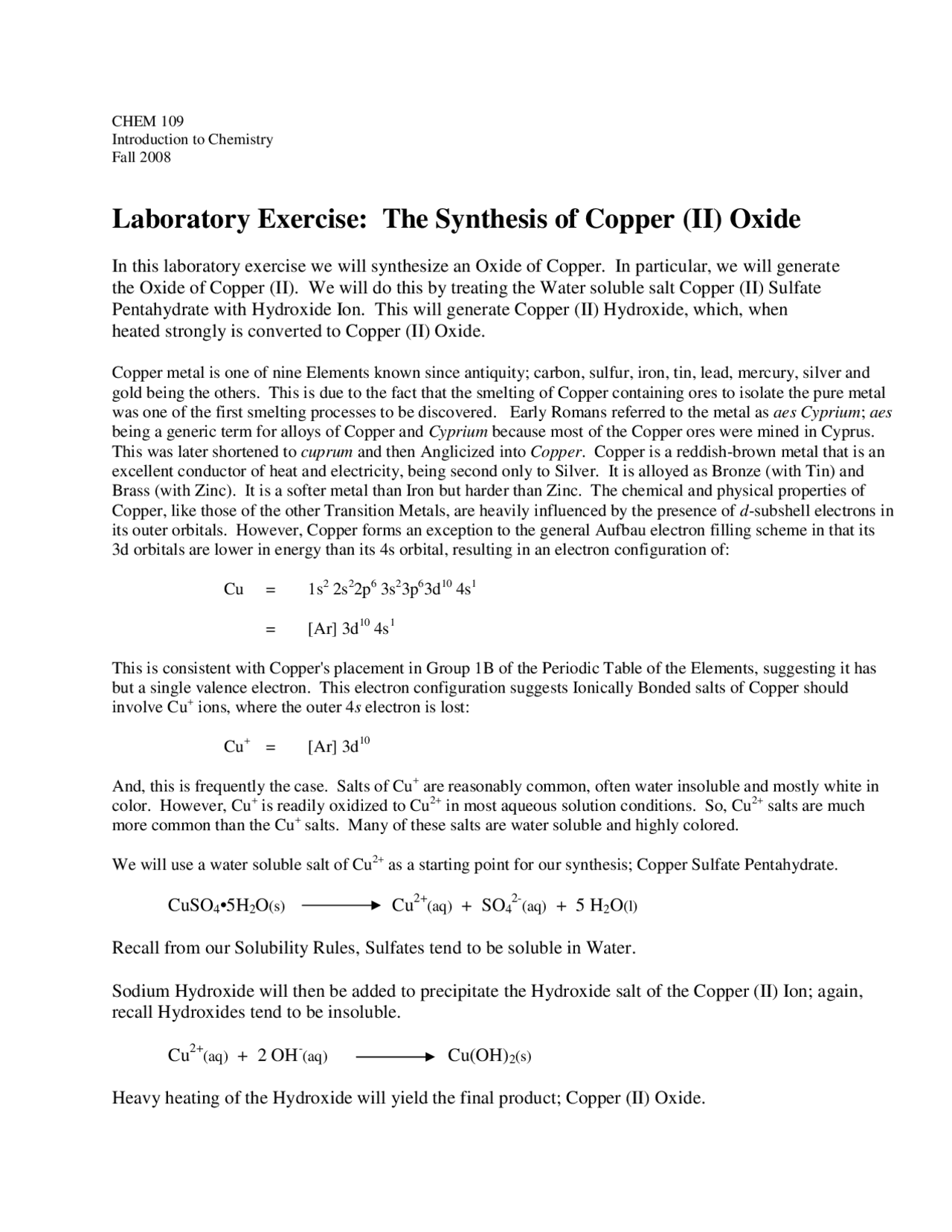 The Synthesis of Copper Oxide - Lab Exercise | CHEM 109 - Docsity