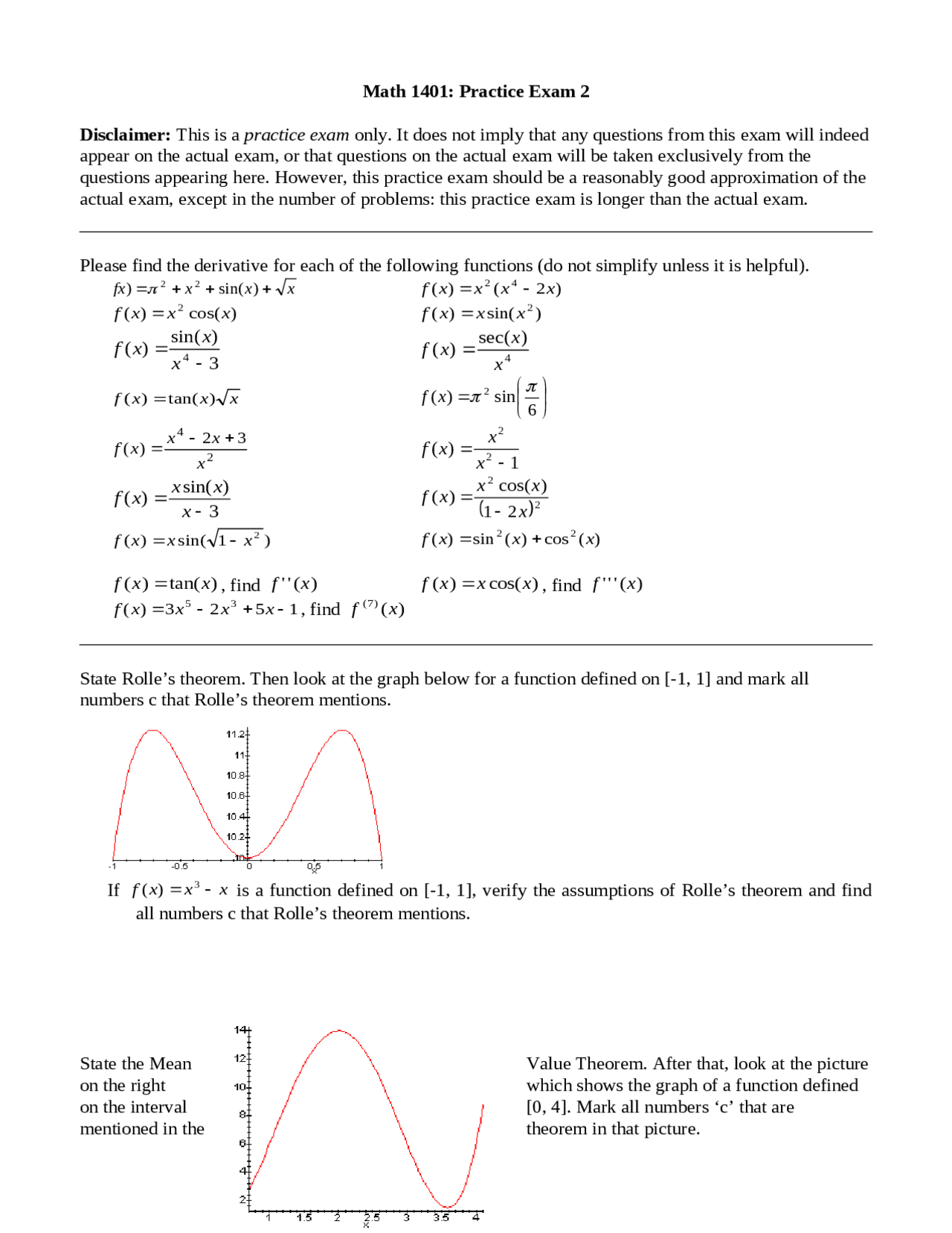 Math 1401 Formulas Solutions to Practice Exam - Calculus I | MATH 1401 - Docsity