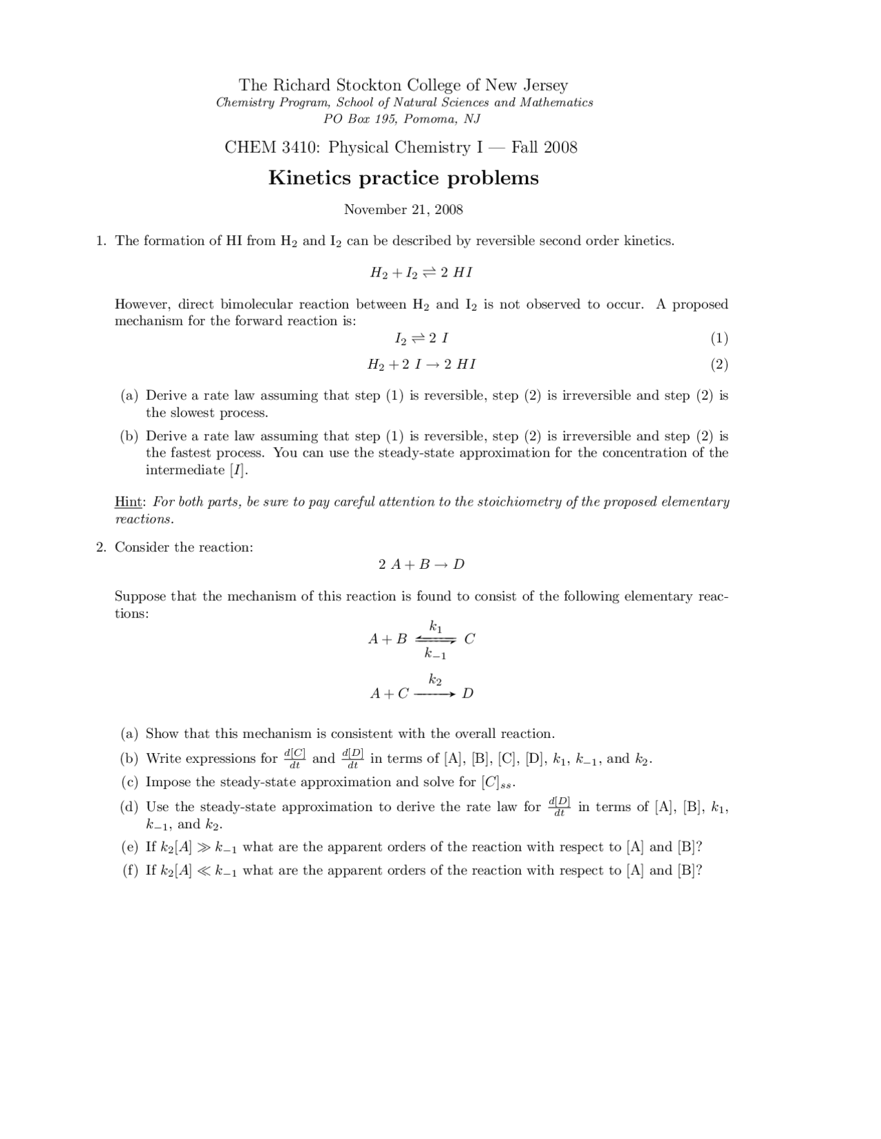 Kinetics Practice Problems - Physical Chemistry I | CHEM 3410 - Docsity