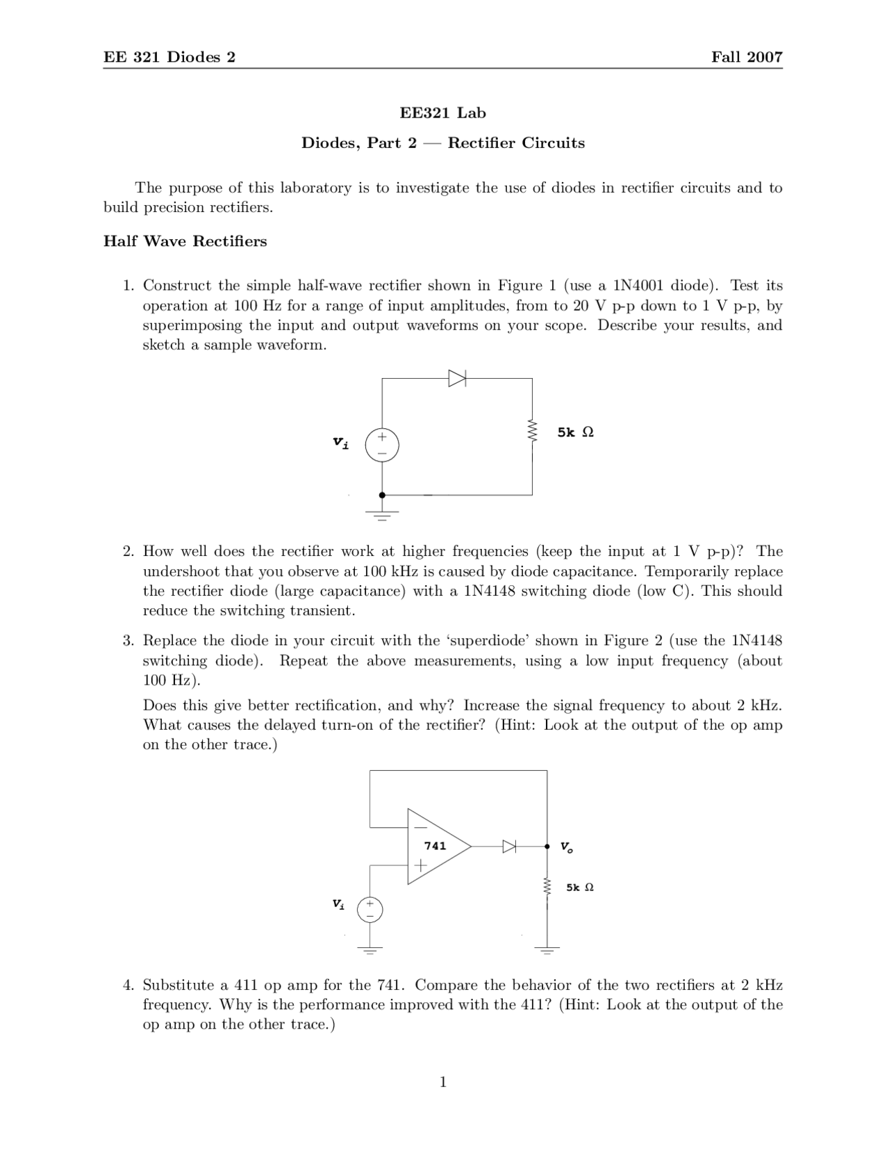Diodes, Part 2 Rectifier Circuits Laboratory EE 321 Docsity