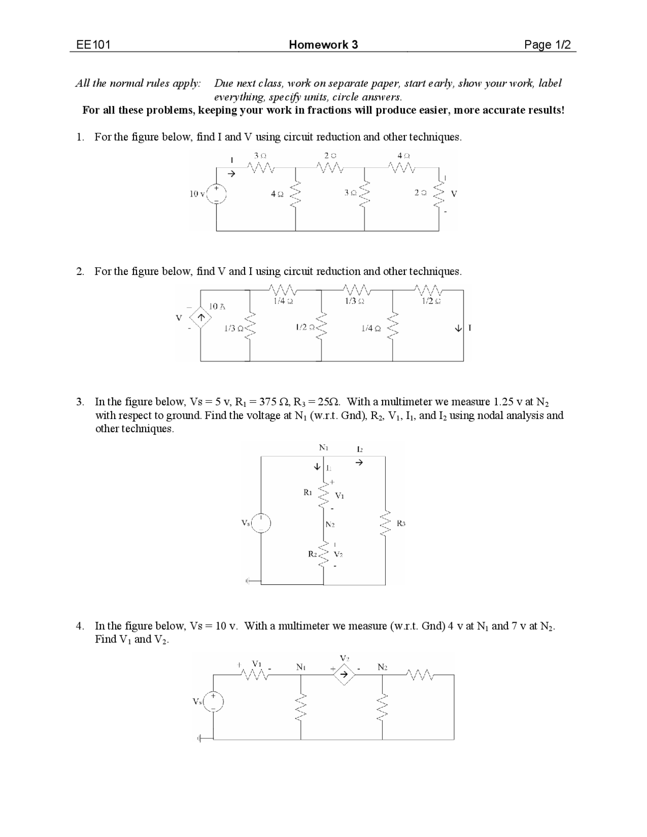 Electrical Engineering Homework Example 9 Problems on Introduction to Electrical Engineering - Homework 3 | EE ...