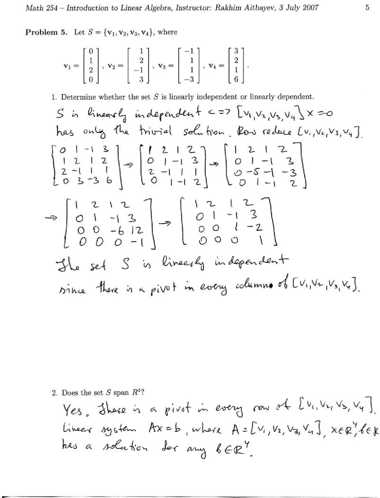 2 Solved Problems on Applied Linear Algebra - Test 1 | MATH 254 - Docsity