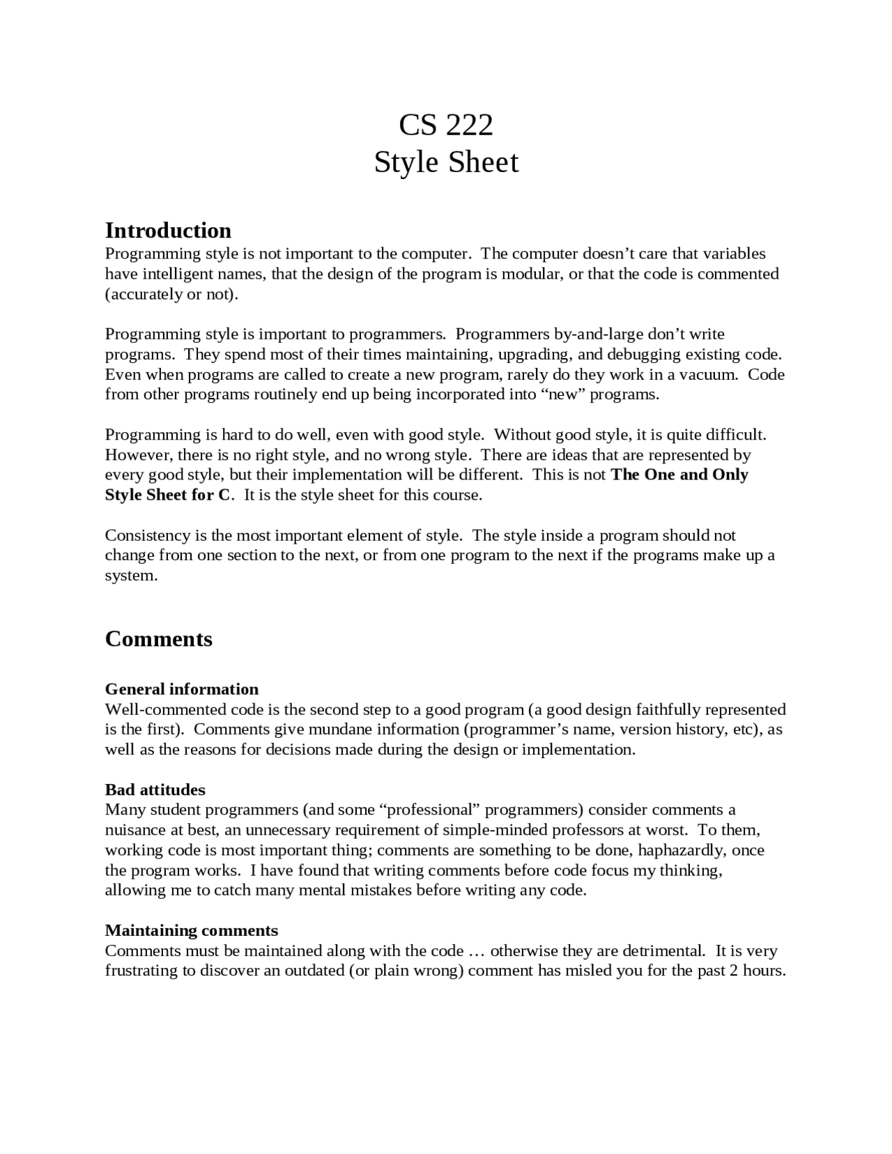 Style Sheet - Programming in C/C++ | CS 222 - Docsity