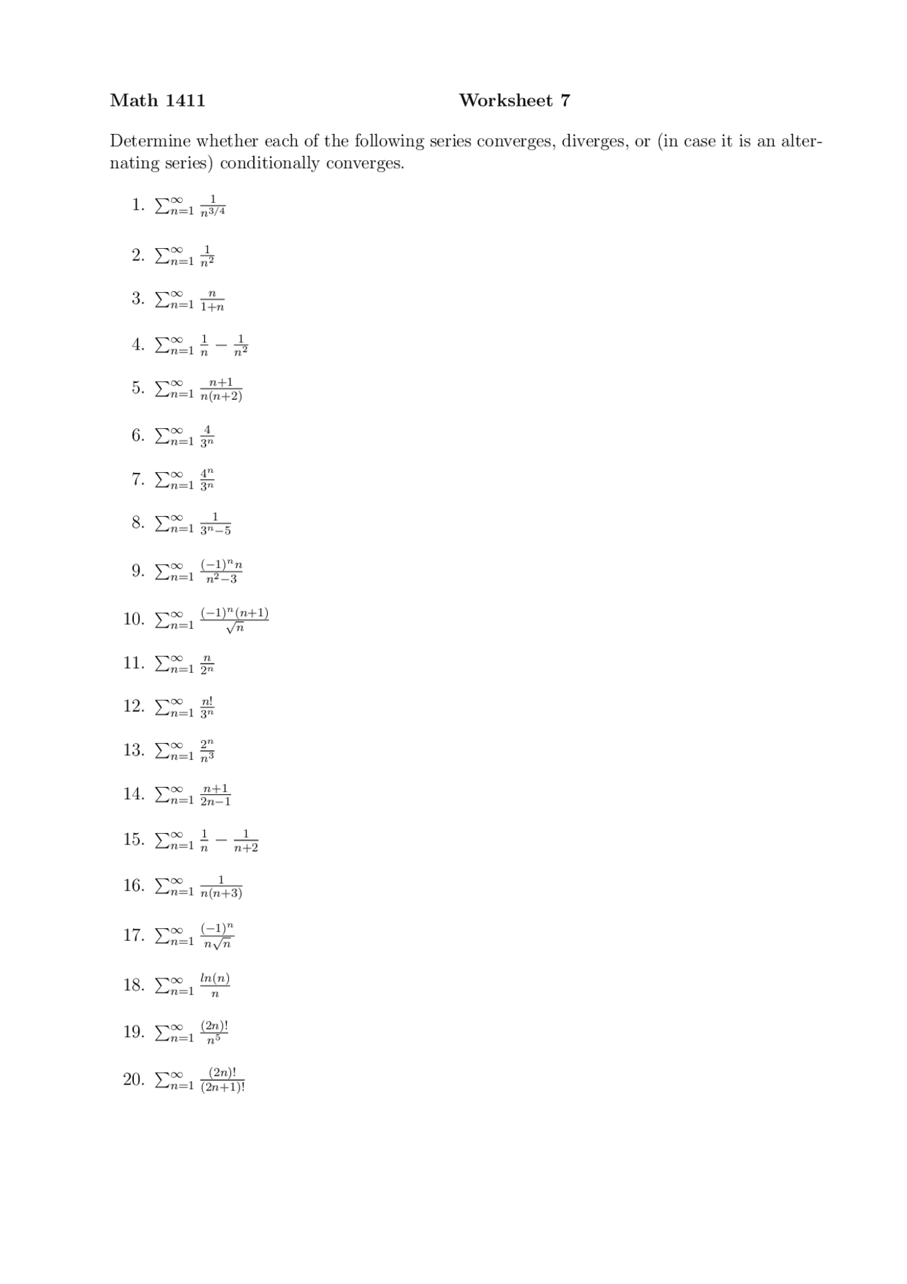Worksheet #7 - Sample Problems on Calculus II | MATH 1411 - Docsity