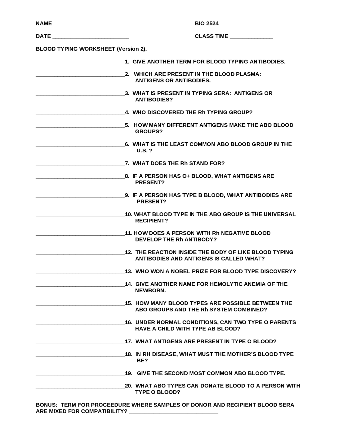 Blood Typing Worksheet - Anatomy and Physiology II and Lab | BIO 2524 ...