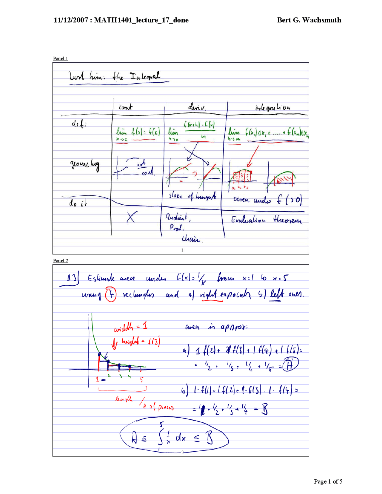 Handwritten Notes on Integral - Calculus I | MATH 1401 - Docsity