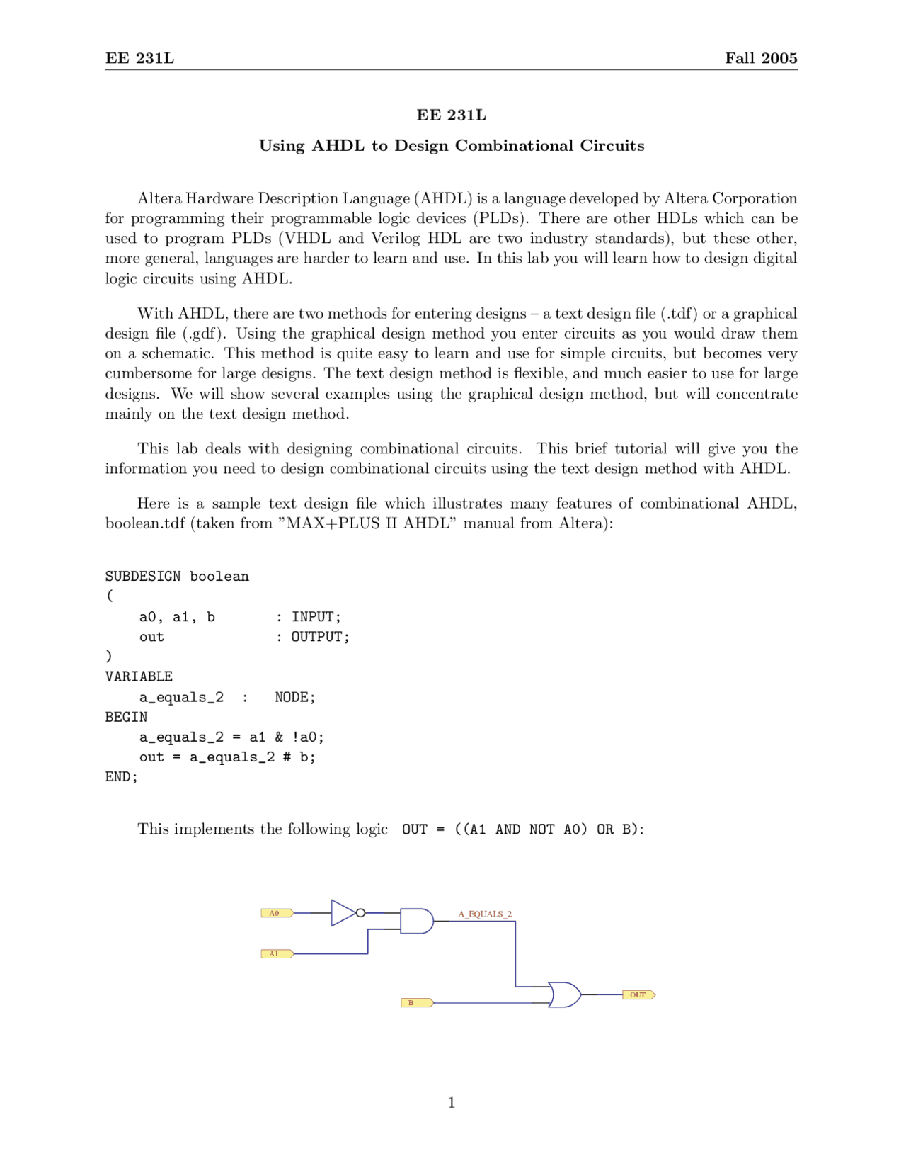 Using AHDL to Design Combinational Circuits - Lab 2 | EE 231 - Docsity