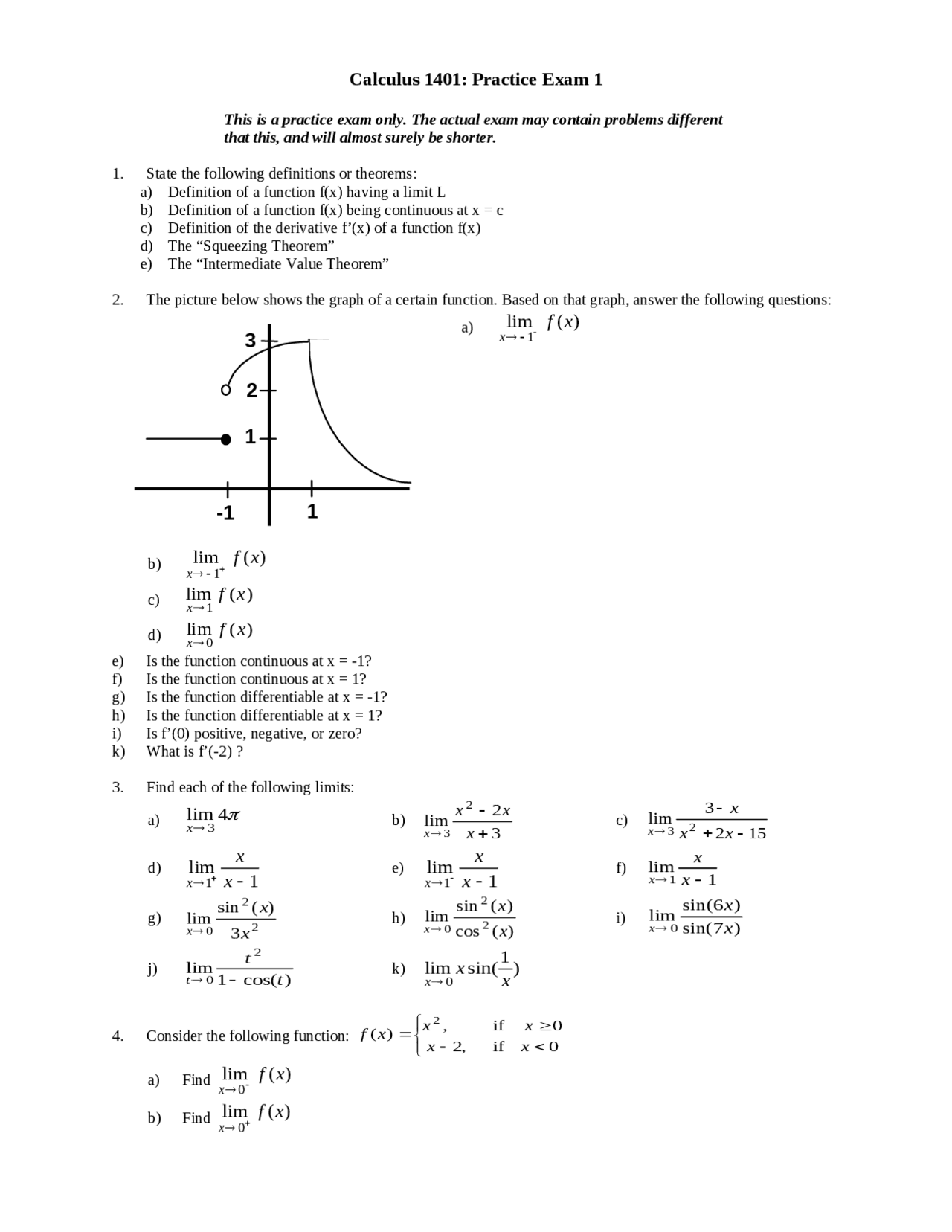 Calculus I Math Questions Practice Exam 1 Questions - Calculus i | MATH 1401 - Docsity