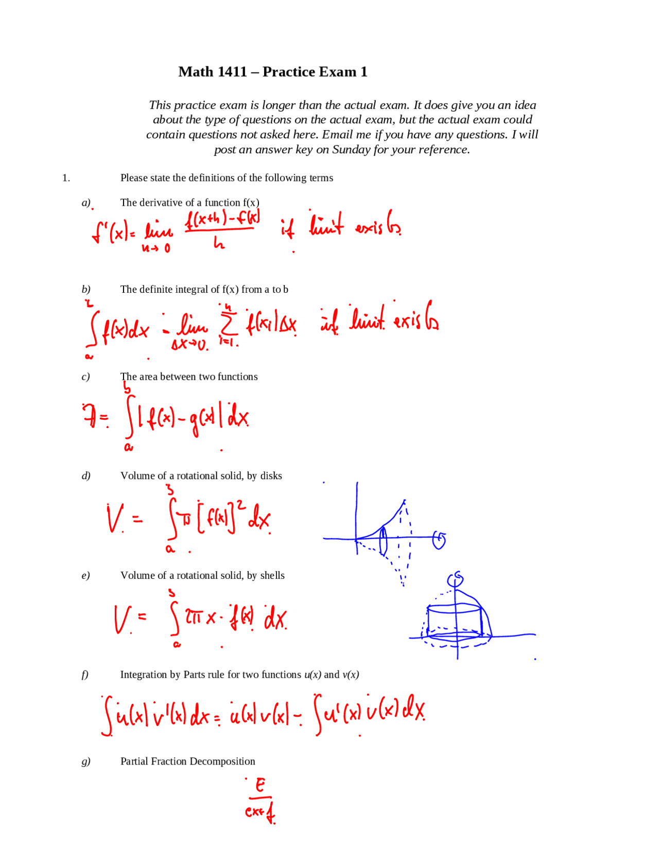 Practice Exam 1 for Calculus II | MATH 1411 - Docsity