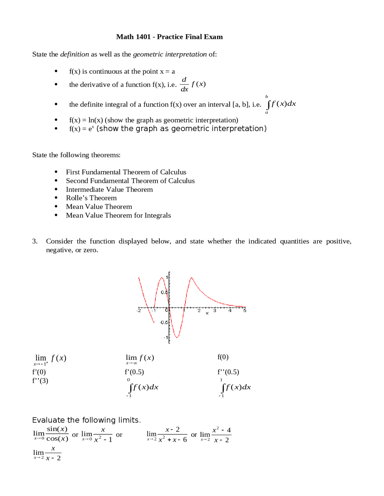 Math 1401 Formulas Final Exam with Solutions - Calculus I | MATH 1401 - Docsity