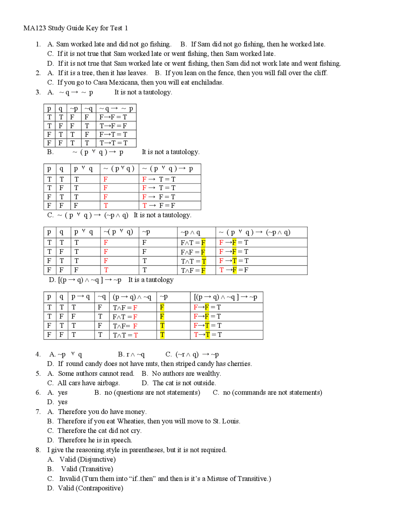 Study Guide Key for Test 1 - Survey of Mathematics | MA 123 | Exams ...