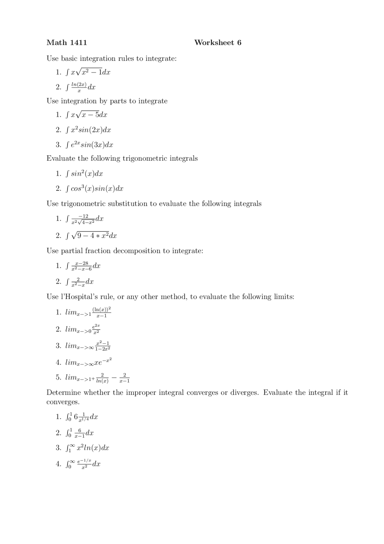 Practice Problems on Calculus II - Worksheet #6 | MATH 1411 - Docsity