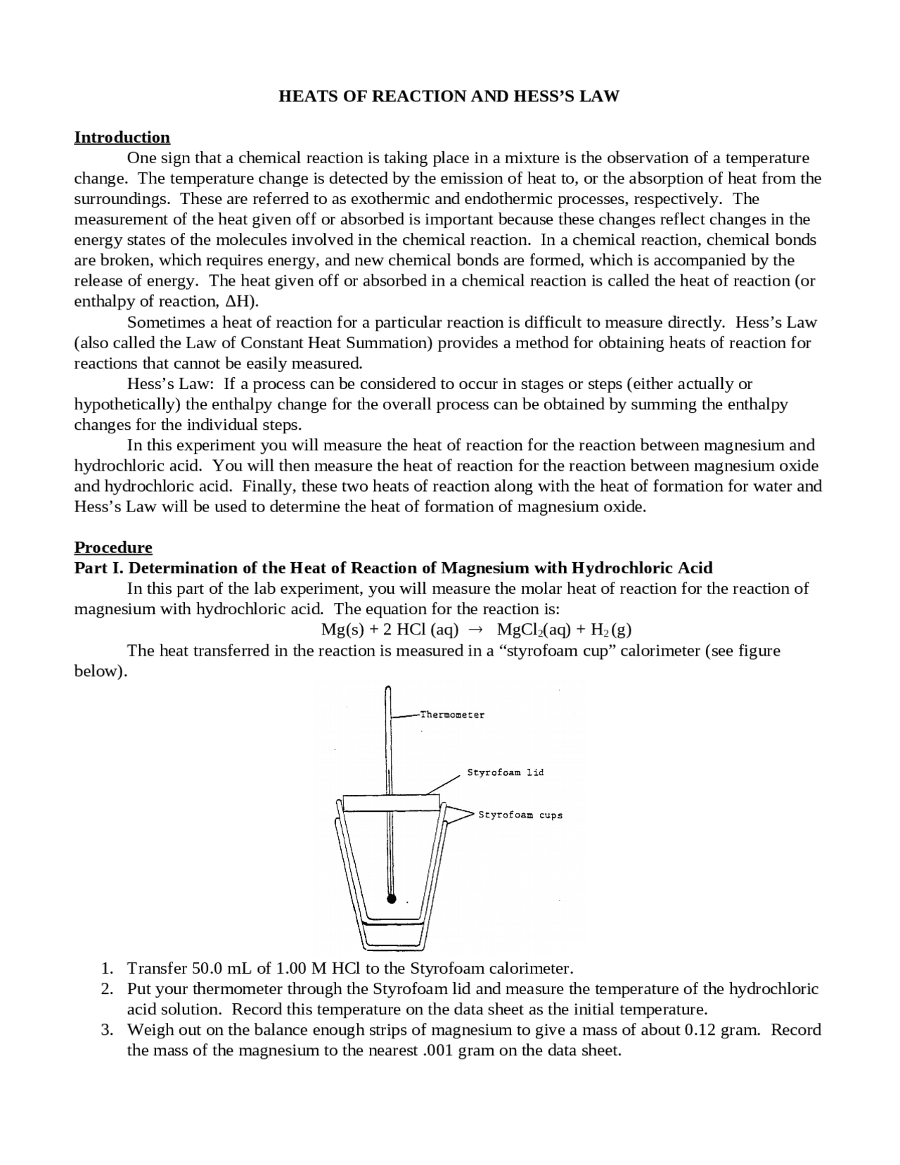 Heats of Reaction and Hess's Law Laboratory CH 085 Docsity