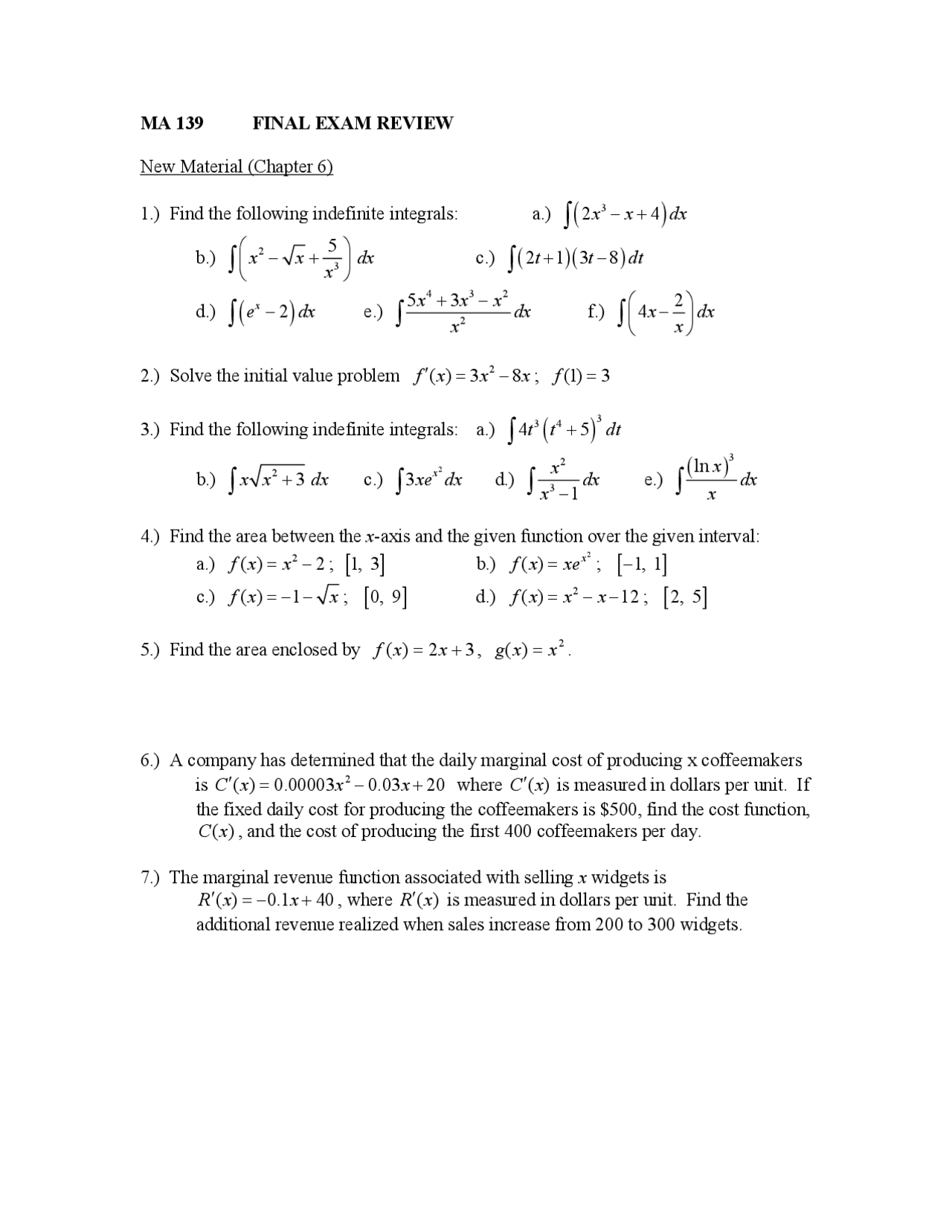 Final Exam Review Questions Applied Calculus Ma 139 Docsity Final Exam Review Questions Applied Calculus Ma 139 Docsity