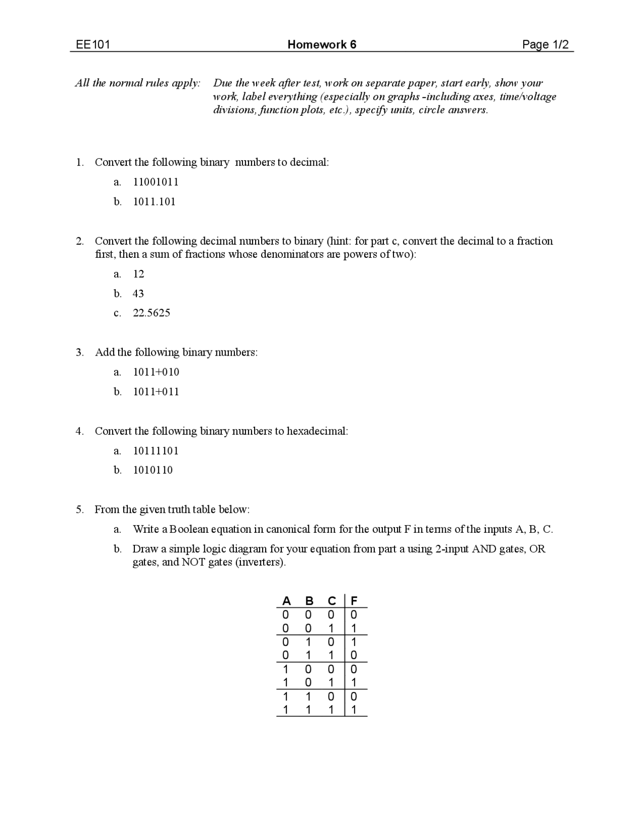 Homework 6 - Introduction to Electrical Engineering | EE 101 - Docsity