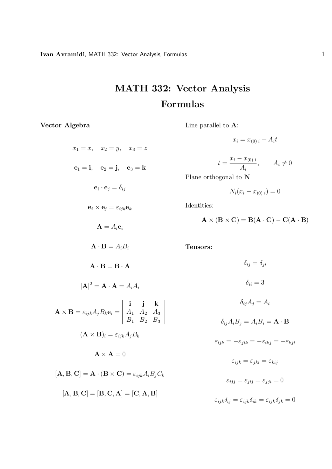 Notes on Formulas for Vector Analysis | MATH 332 | Study notes Vector ...