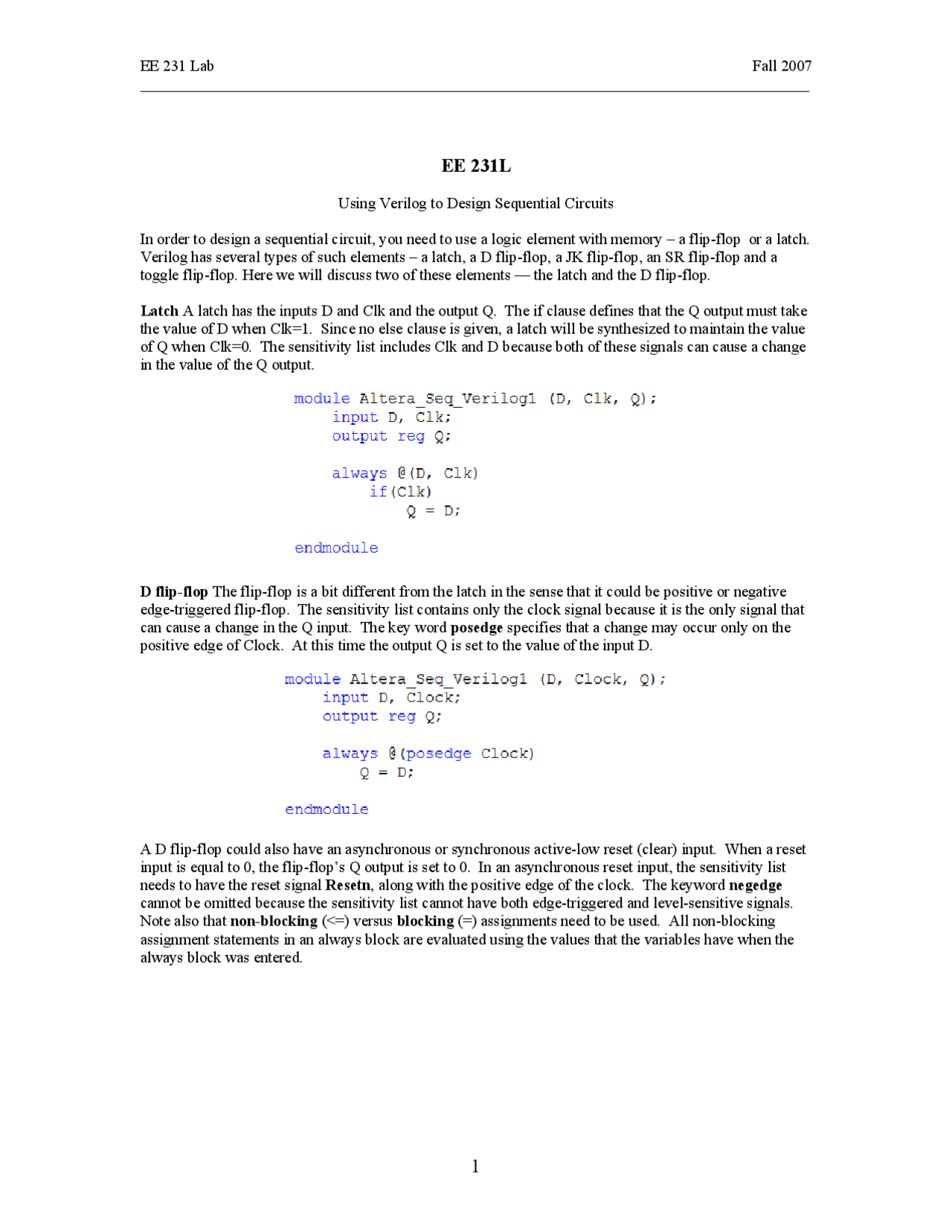 Using Verilog to design sequential Circuits - Manual | EE 231L - Docsity