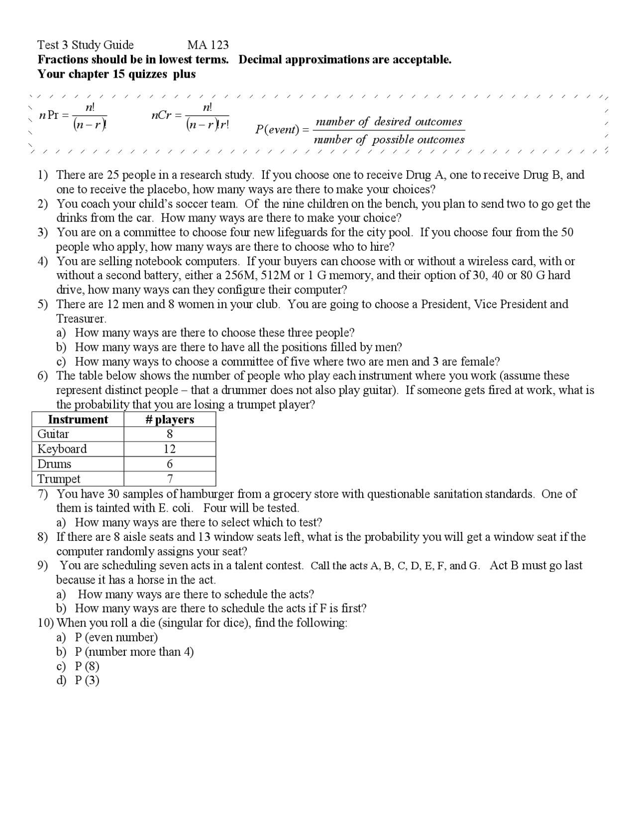 Test 3 Study Guide - Survey of Mathematics | MA 123 - Docsity