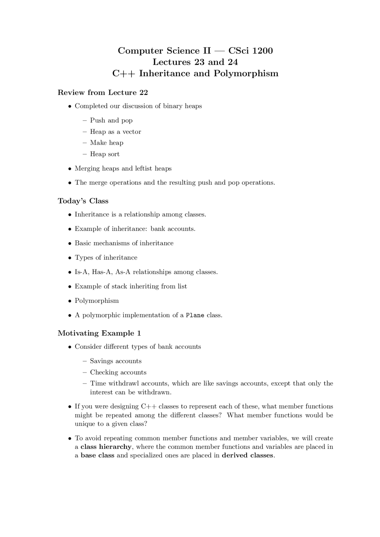 C++ Inheritance and Polymorphism - Lecture Notes | CSCI 1200 - Docsity