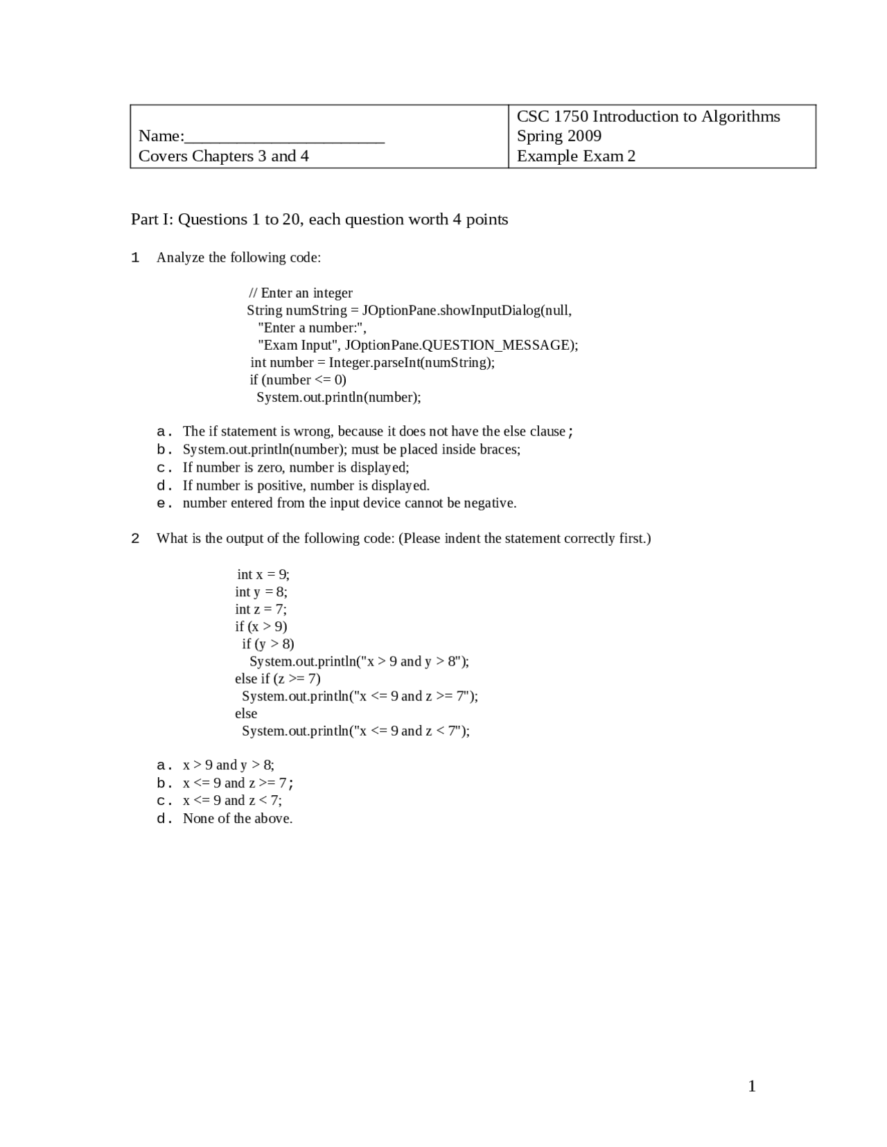 Algorithm Exam Question 20 Questions of Introduction Algorithms - Exam 2 | CSC 1750 - Docsity