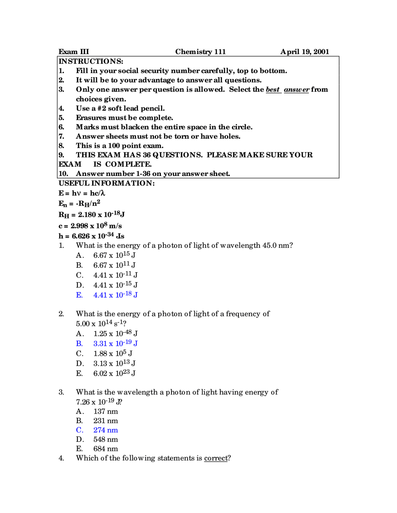 Exam 3 with Answer Key - General Chemistry I | CHEM 111 - Docsity