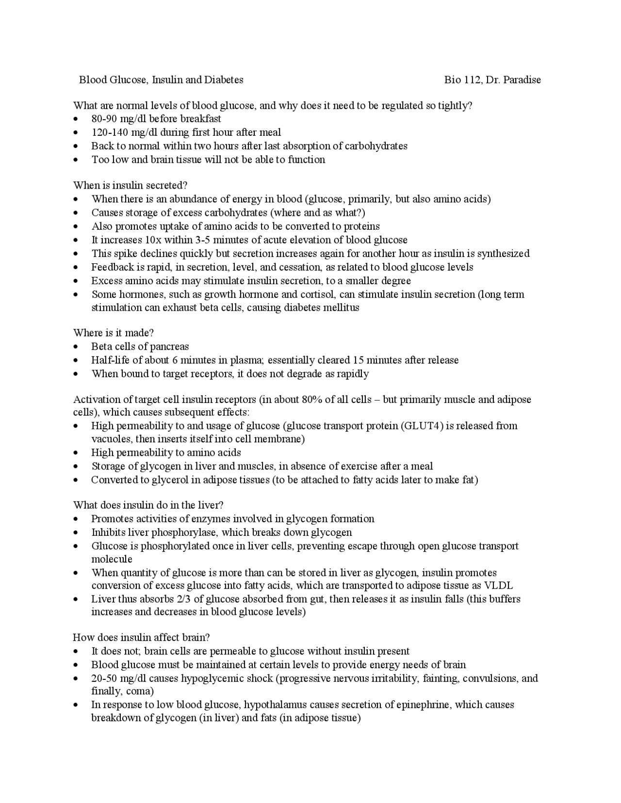 Blood Glucose, Insulin and Diabetes Questions and Answers BIO 112