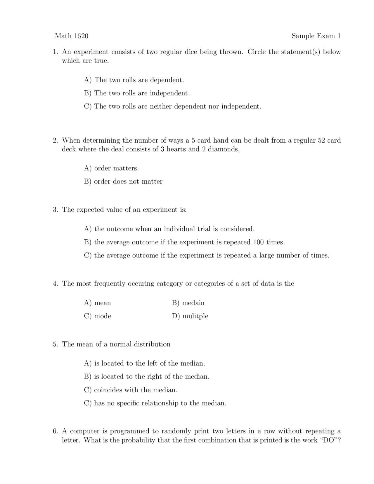 Sample Exam 1 Questions - Contemporary Math Ideas | MATH 1620 - Docsity