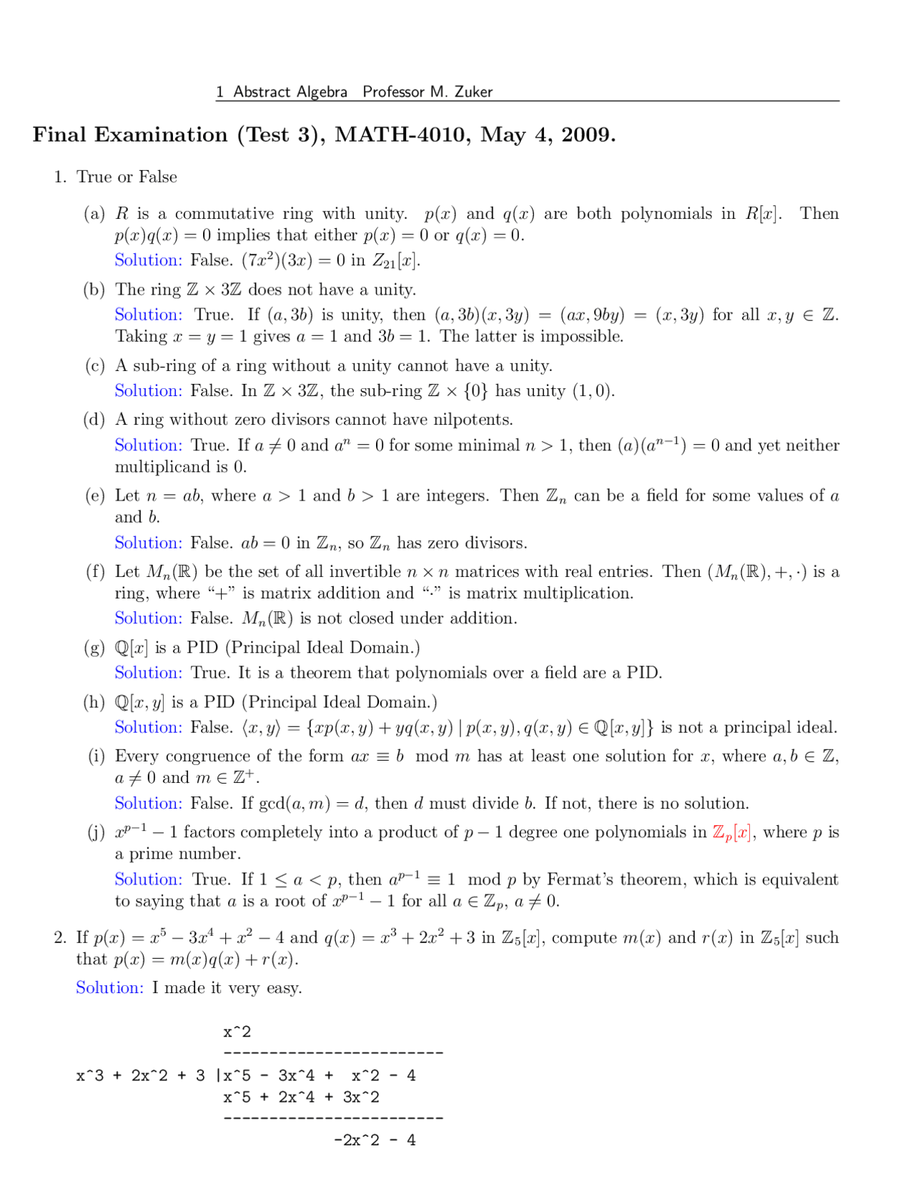 Final Exam with Solution | Abstract Algebra | MATH 4010 - Docsity