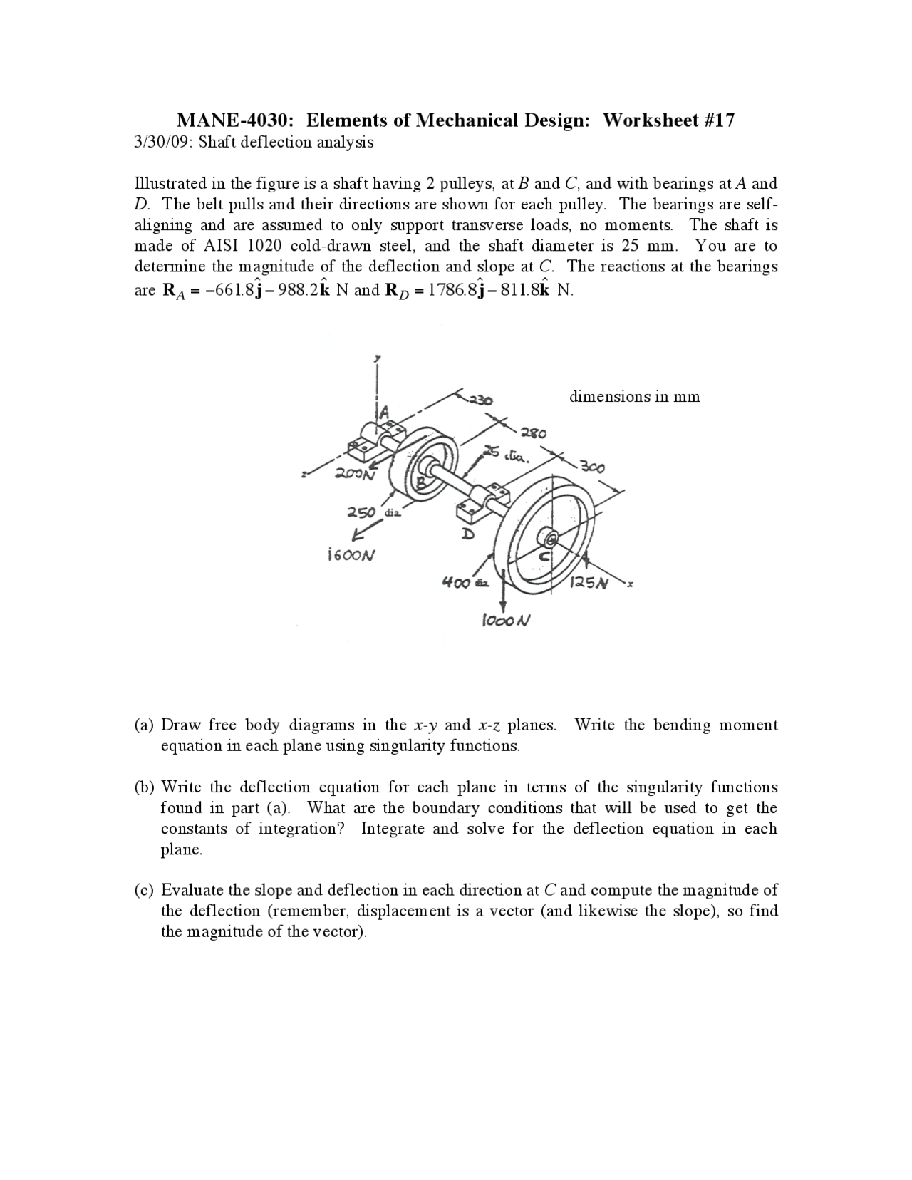 Shaft Deflection Analysis - Elements of Mechanical Design - Worksheet ...