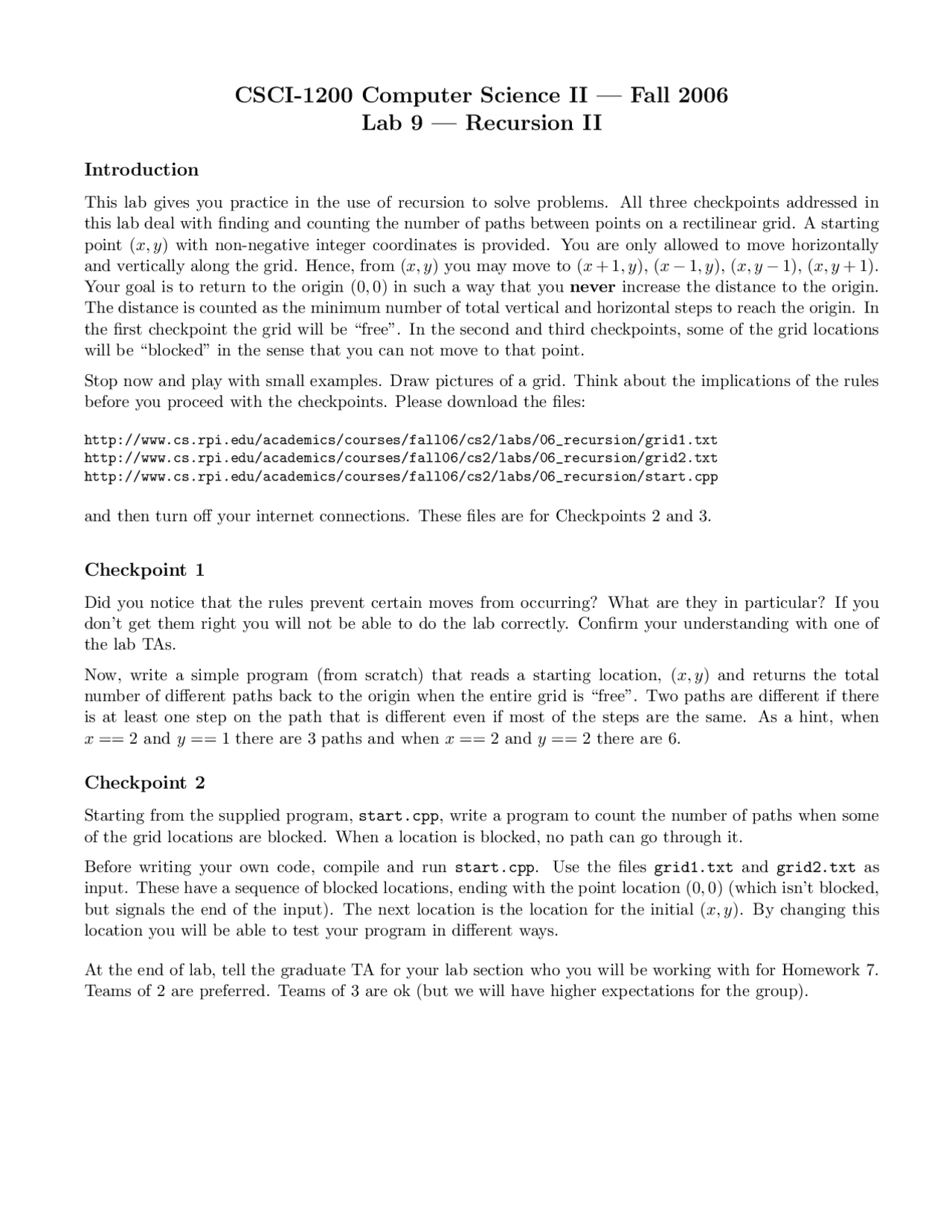 Recursion 2 - Lab 9 | Computer Science II - Fall 2006 | CSCI 1200 - Docsity