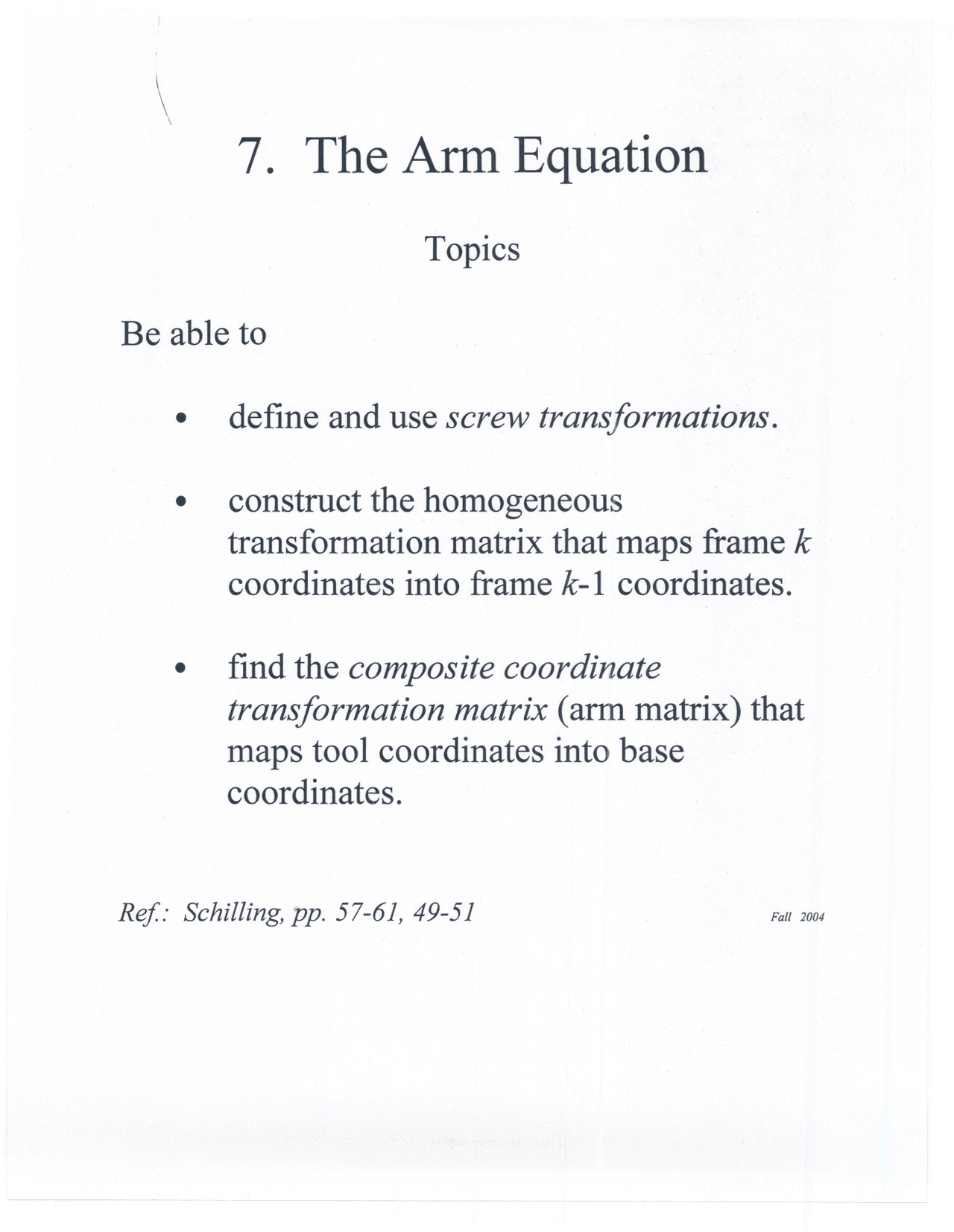 The Arm Equation - Lecture Notes - Robotics II | ECSE 4490 - Docsity