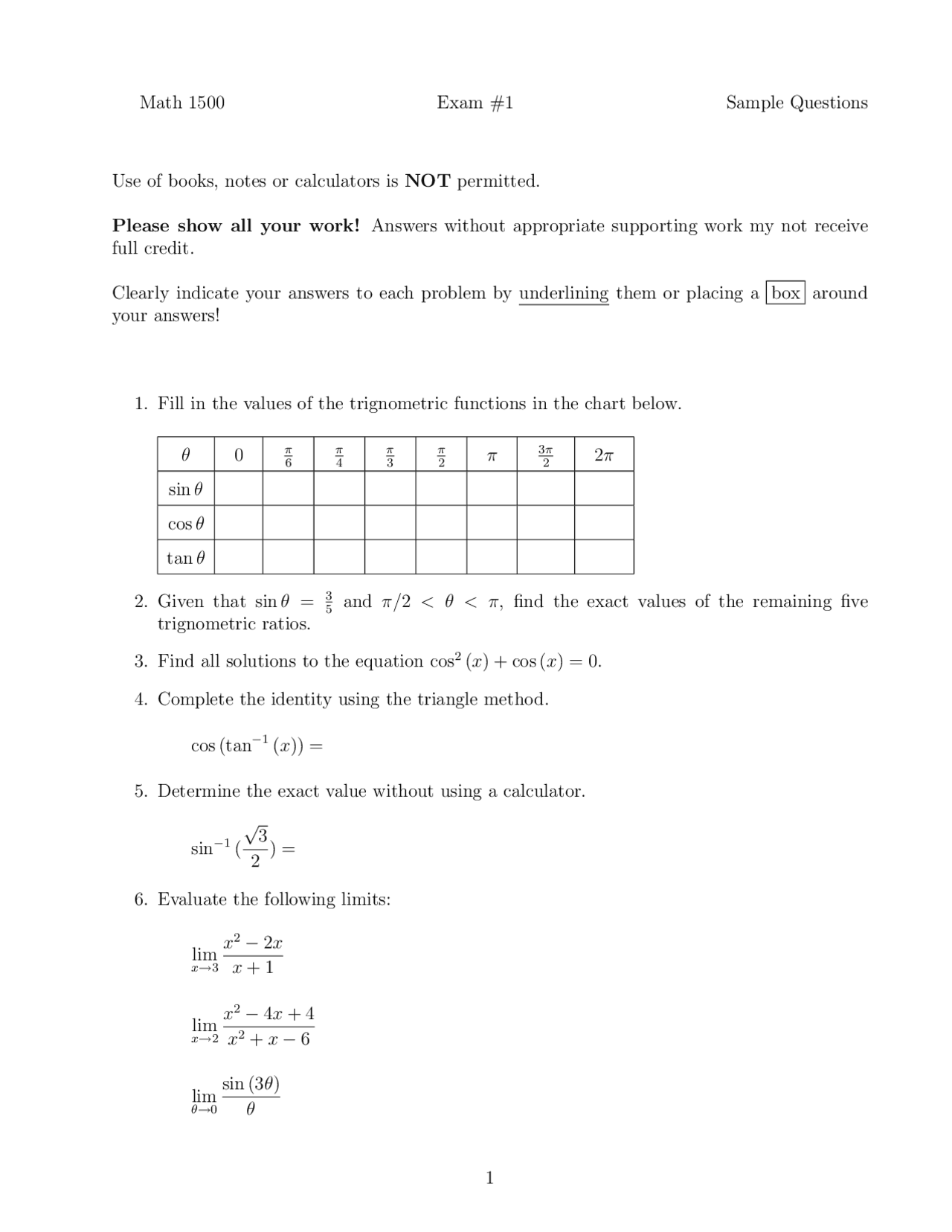 17 Questions Maths 17 Questions Exam 1 - Calculus | MATH 1500 - Docsity