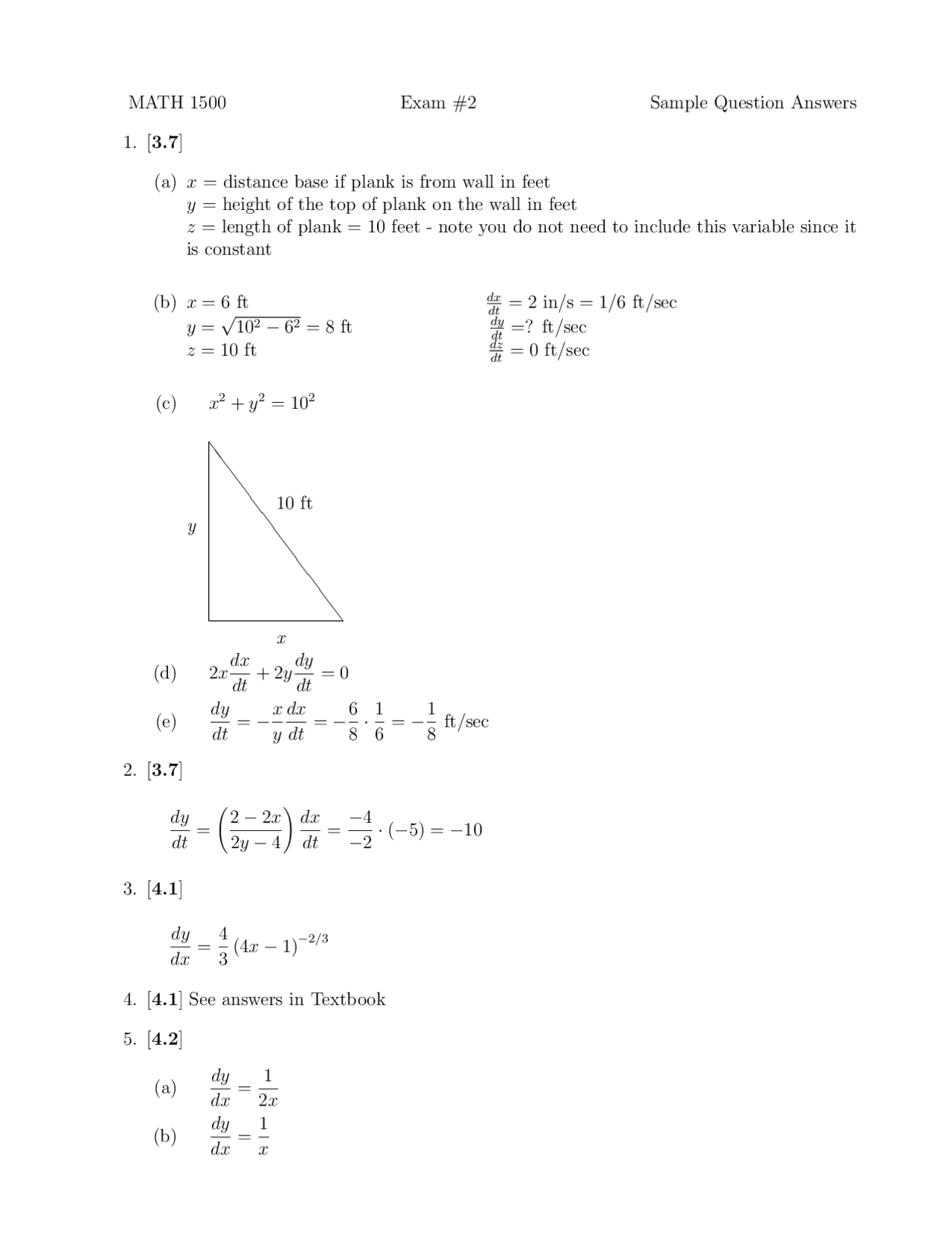 Exam 2 Sample Question Answers - Calculus I | MATH 1500 - Docsity