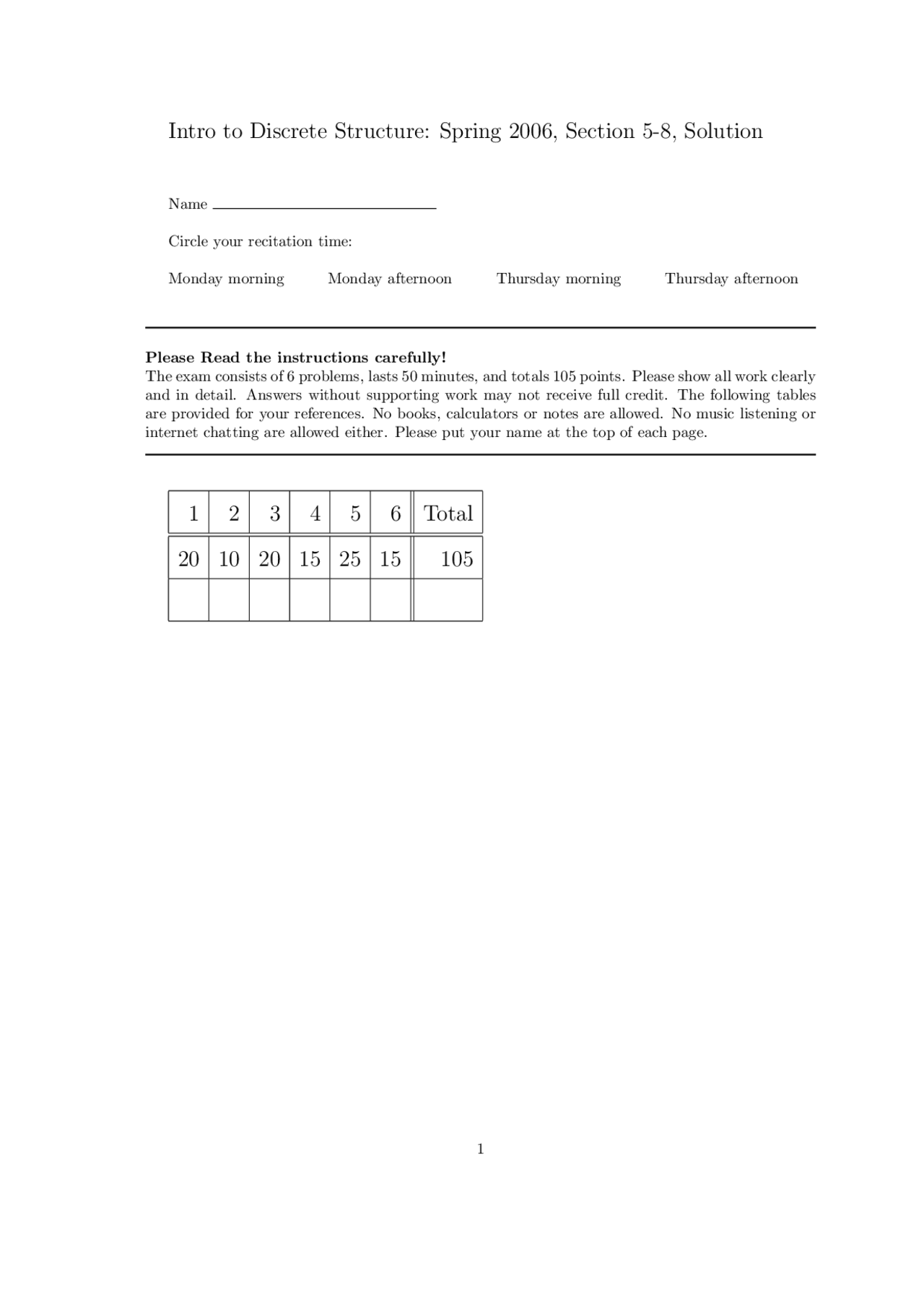 Introduction to Discrete Structures - Exam #1 with Solutions | MATH ...