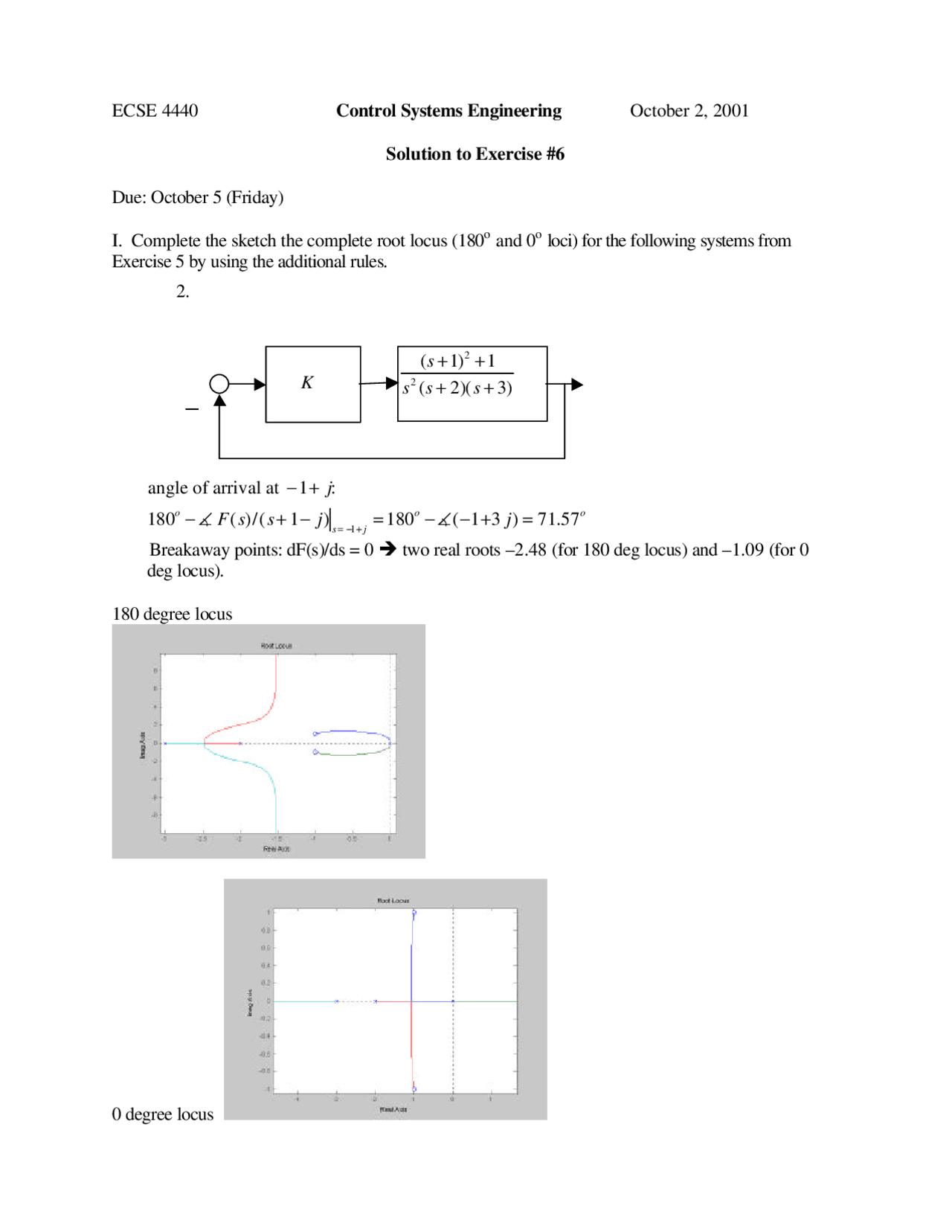 Control Systems Engineering - Solved Assignment 6 | ECSE 4440 - Docsity