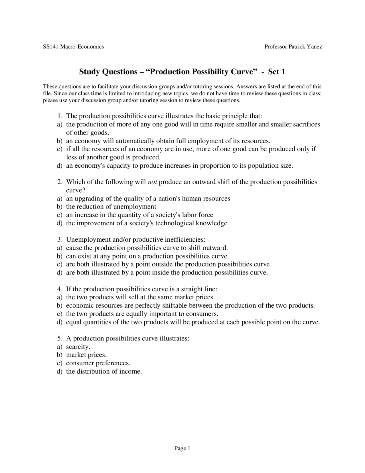 Question For Production Study Questions Set 1 - Production Possibility Curve - Macroeconomics ...