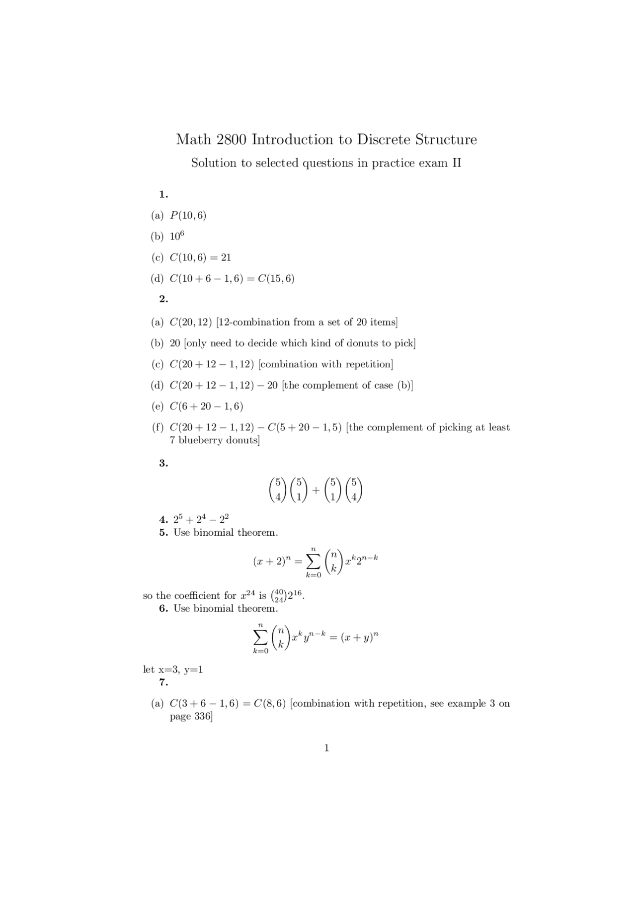 10 Solved Questions on Binomial Theorem - Final Exam | MATH 2800 - Docsity