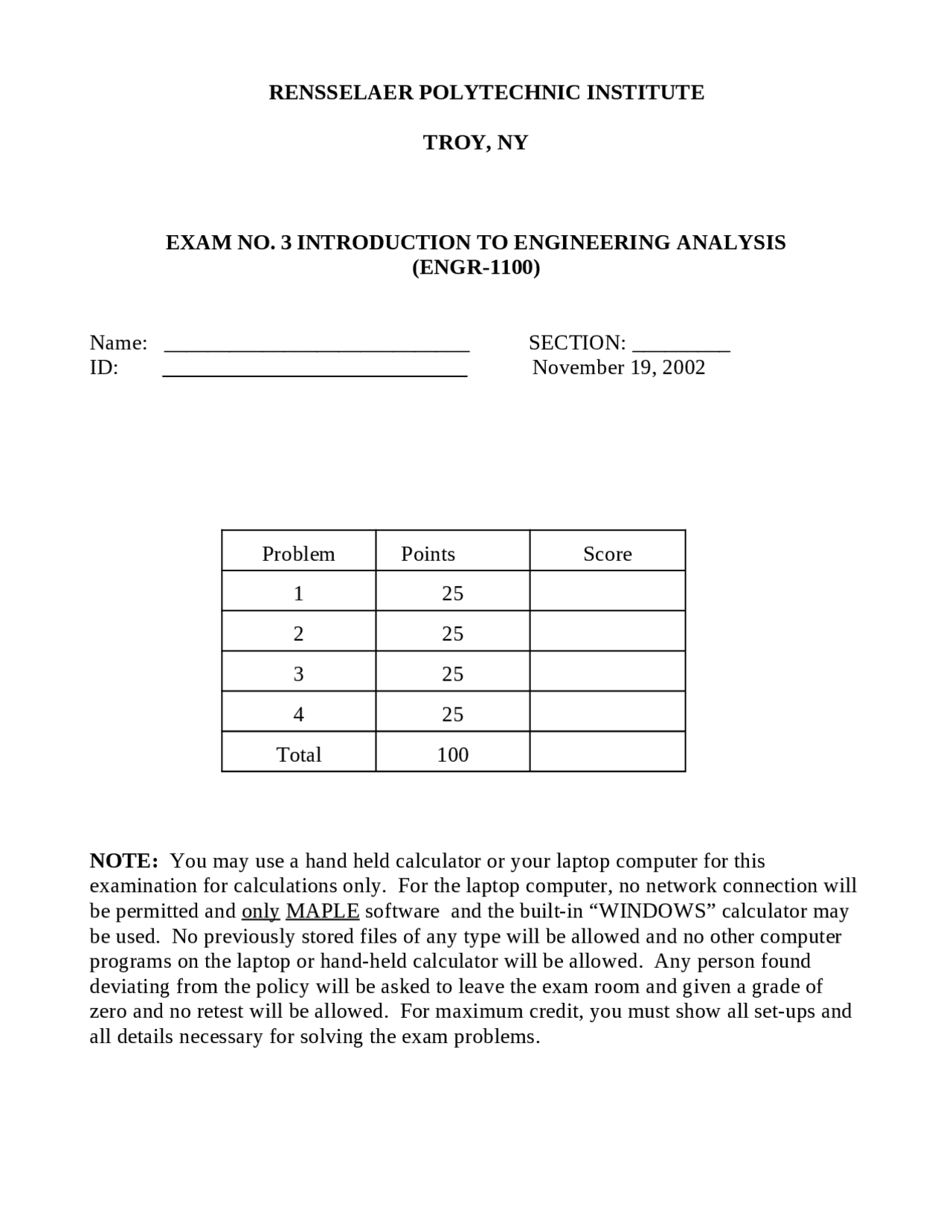 Introduction to Engineering Analysis - Exam 3 | ENGR 1100 - Docsity