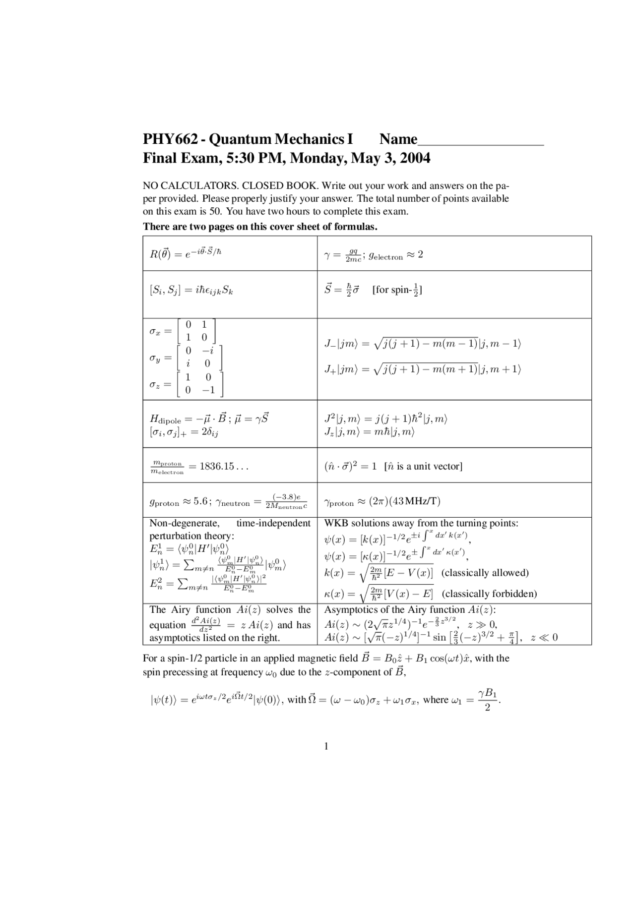 Final Exam with Solution - Quantum Mechanics II | PHY 662 - Docsity