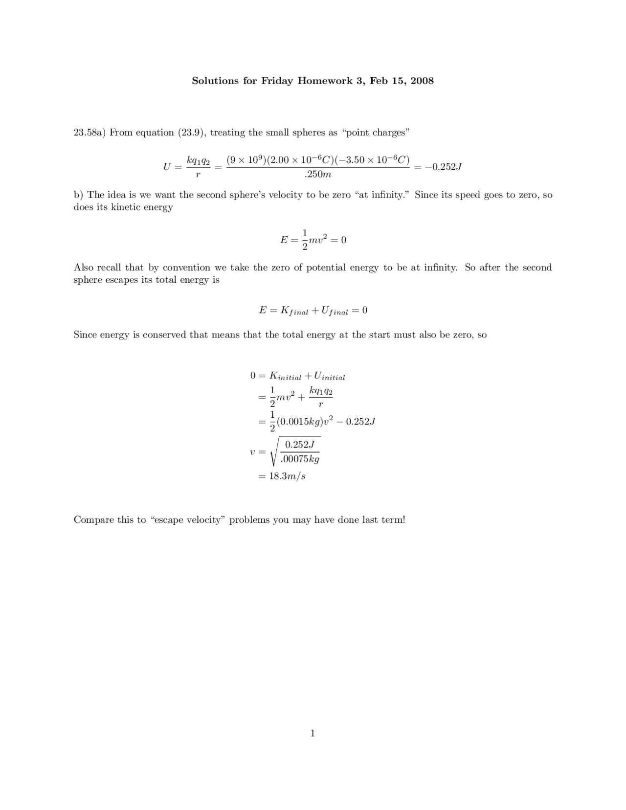 Electrostatics Solutions: Homework 3, Problem 23.58 and 23.61-23.76 ...