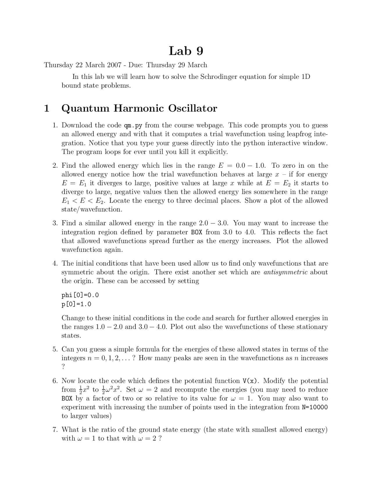 Quantum Harmonic Oscillator, Quantum Box - Lab 9 - Fall 2007 | PHY 300 ...