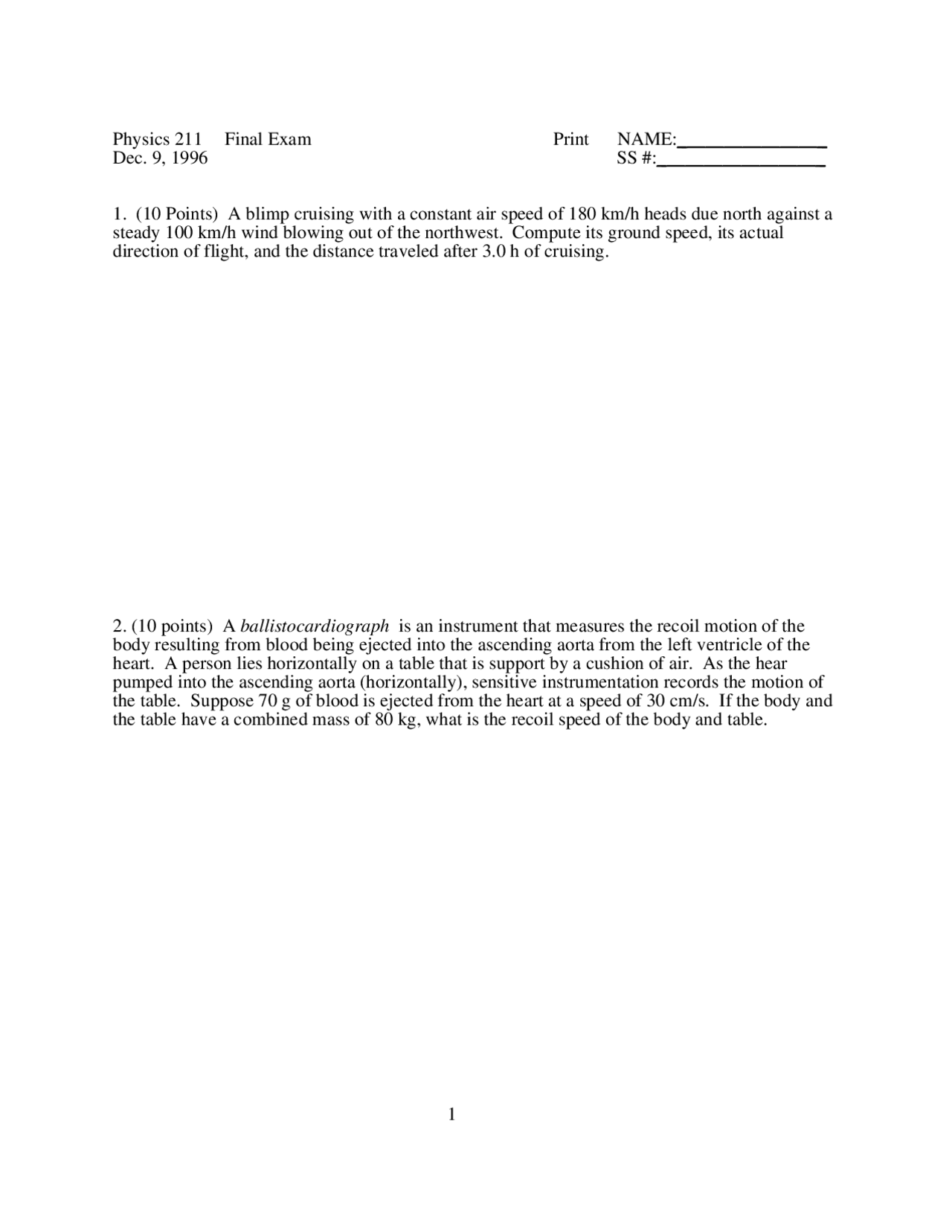10 Problems Final Exam - General Physics | PHYS 211 - Docsity