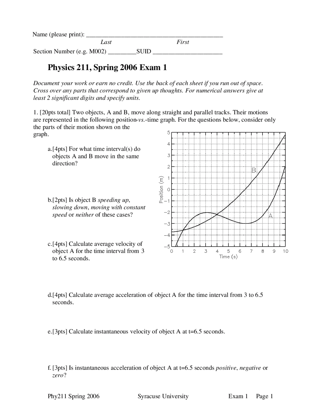 Exam 1 - Spring 2006 | General Physics I | PHY 211 - Docsity