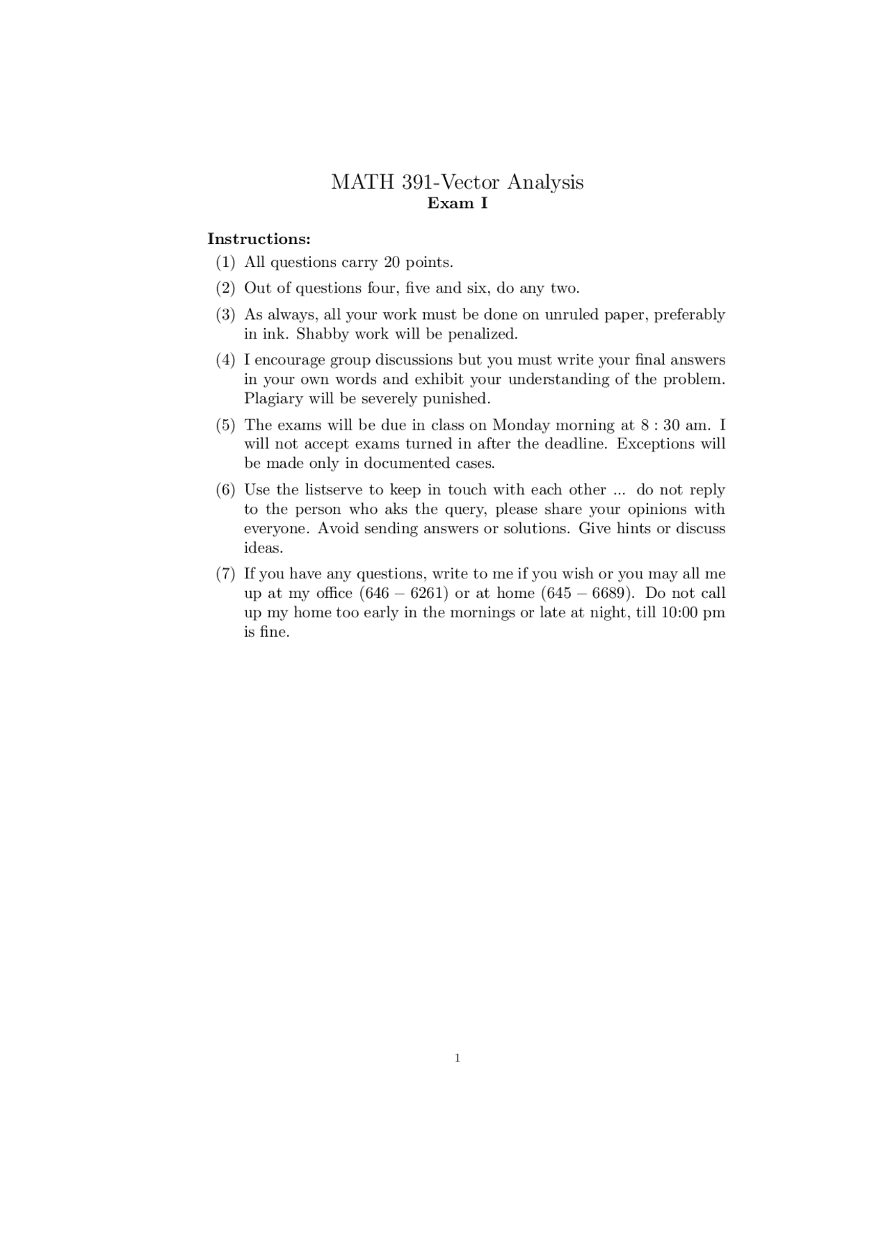 7 Questions of Vector Analysis - Exam 1 | MATH 391 - Docsity