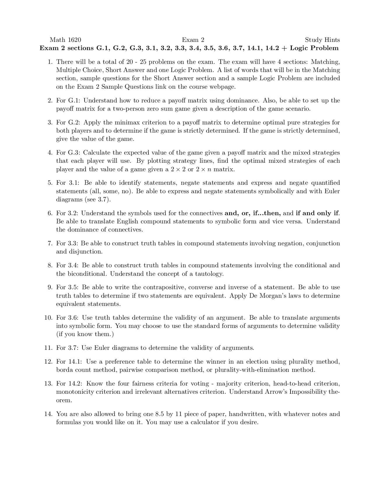 Study Hints for Exam - Contemporary Mathematics Idea | MATH 1620 - Docsity